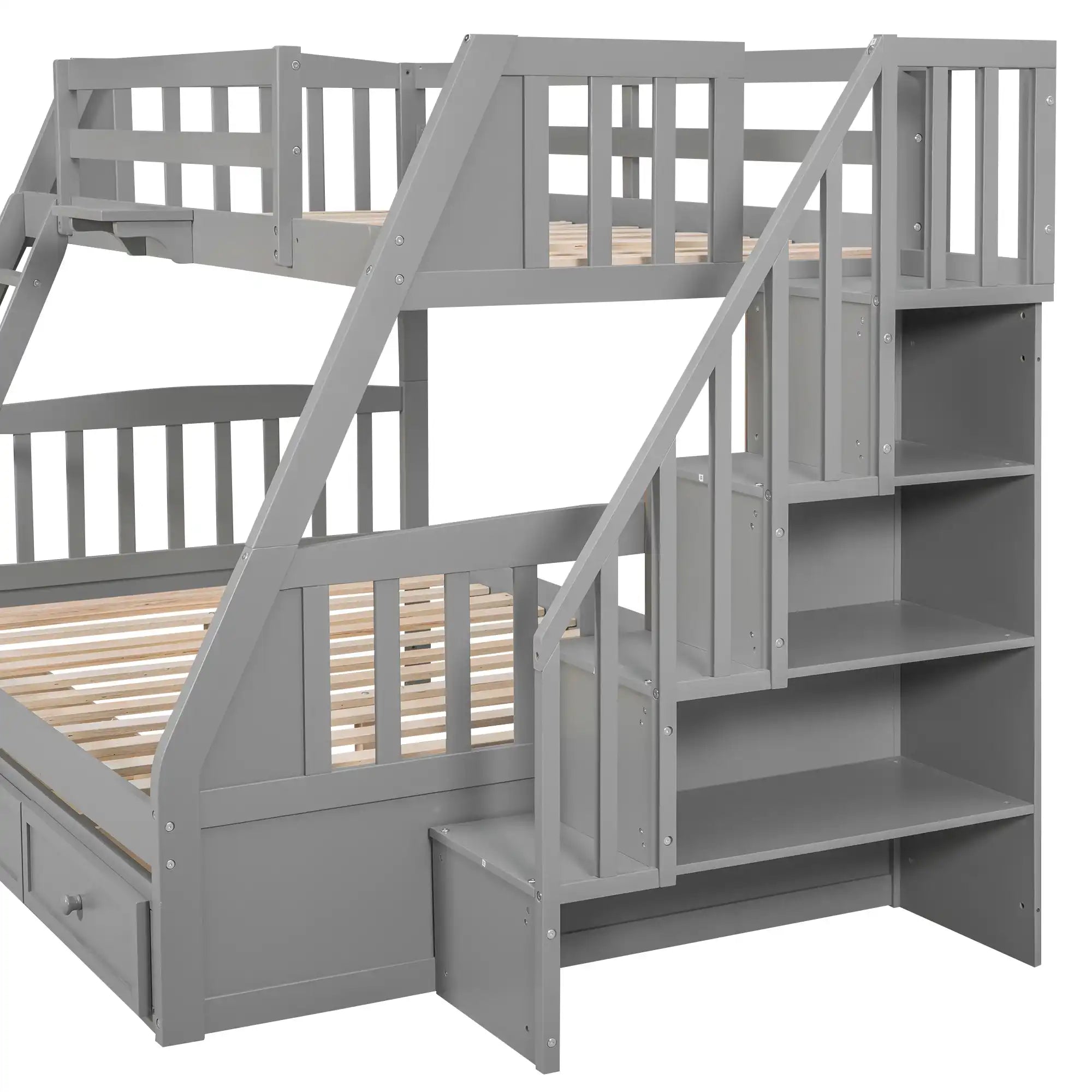 Twin-Over-Full Bunk Bed with Drawers，Ladder and Storage Staircase, Gray - Best Buy Furniture