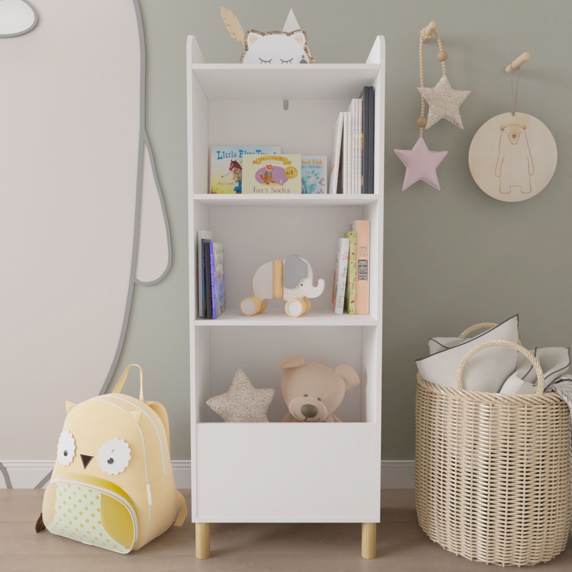 4 Tier Bookcase, Book Display With Safety Restraint, Storage Cabinet For Playroom - White