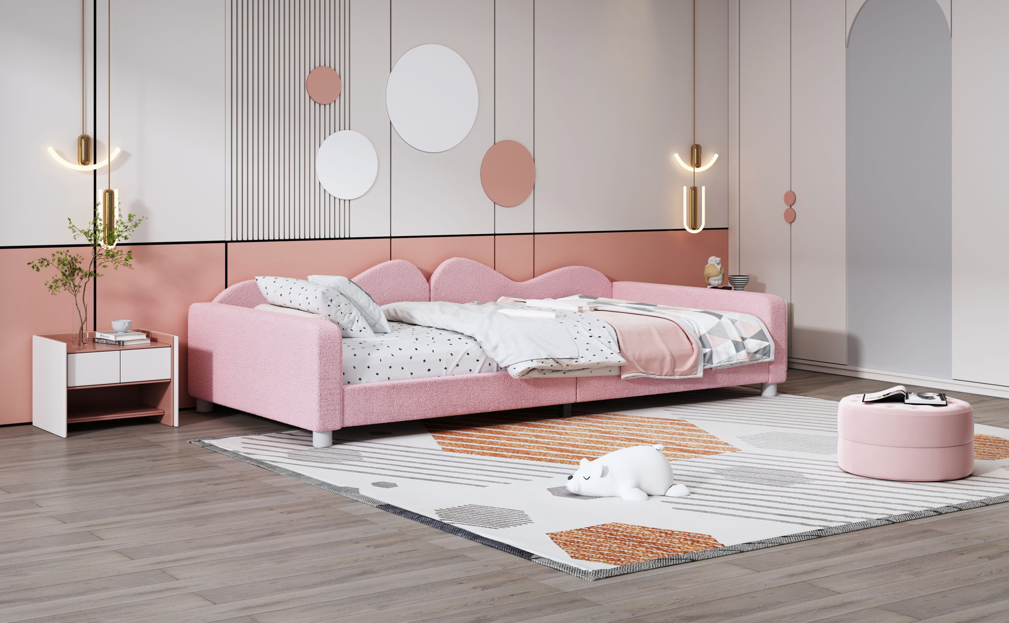 Upholstered Daybed, Sherpa Fabric Sofabed With Cloud-Shaped Backrest