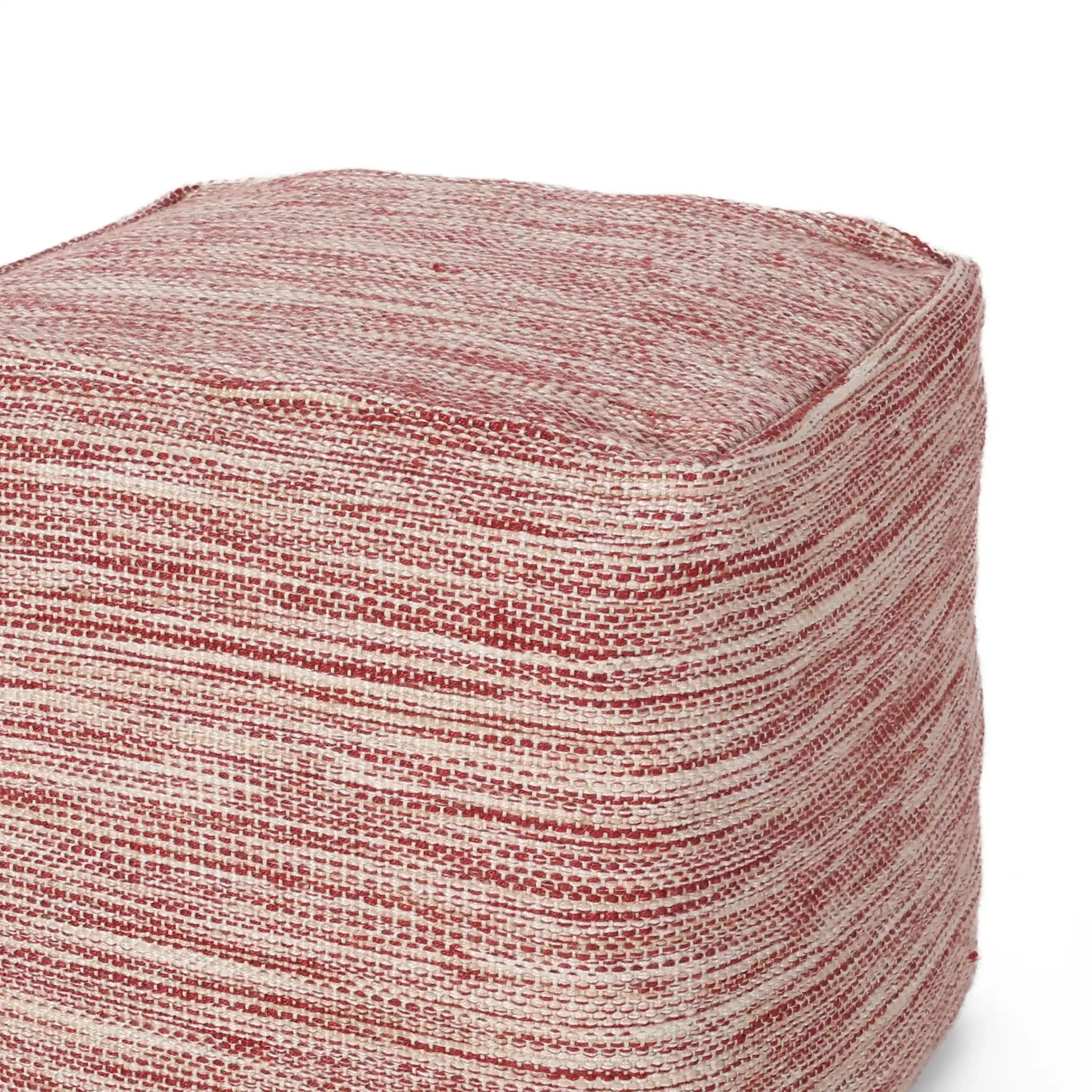 Enigma - Yarn And Cotton Square Pouf Ottoman With Polystyrene Beads - Red / White