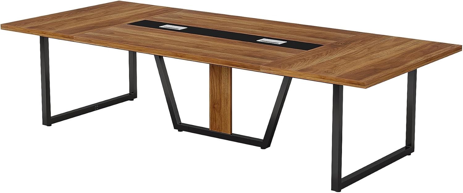 94.5' Large Conference Table for 8-10 People, Modern Office Meeting Table with Cable Management, Heavy-Duty Metal Legs, Training & Boardroom Furniture, Brown Walnut Finish - Best Buy Furniture