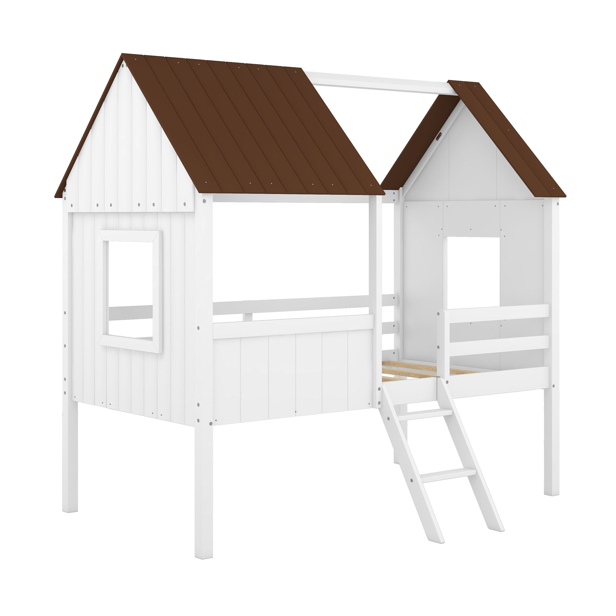 Low Loft Wooden House Bed With Two Side Windows