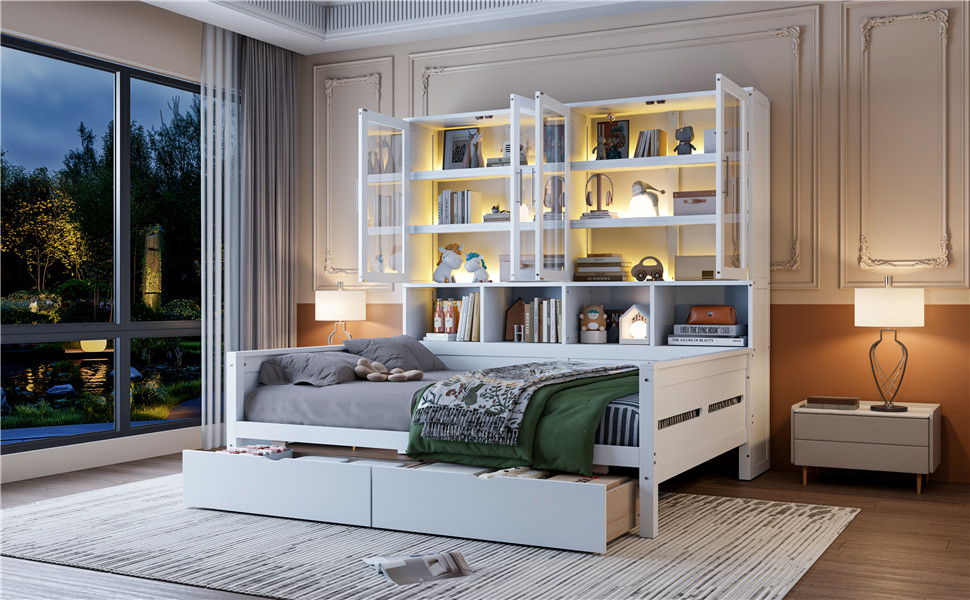 Daybed With Glass Door Storage Cabinets, Built In LED Lighting And Shelves