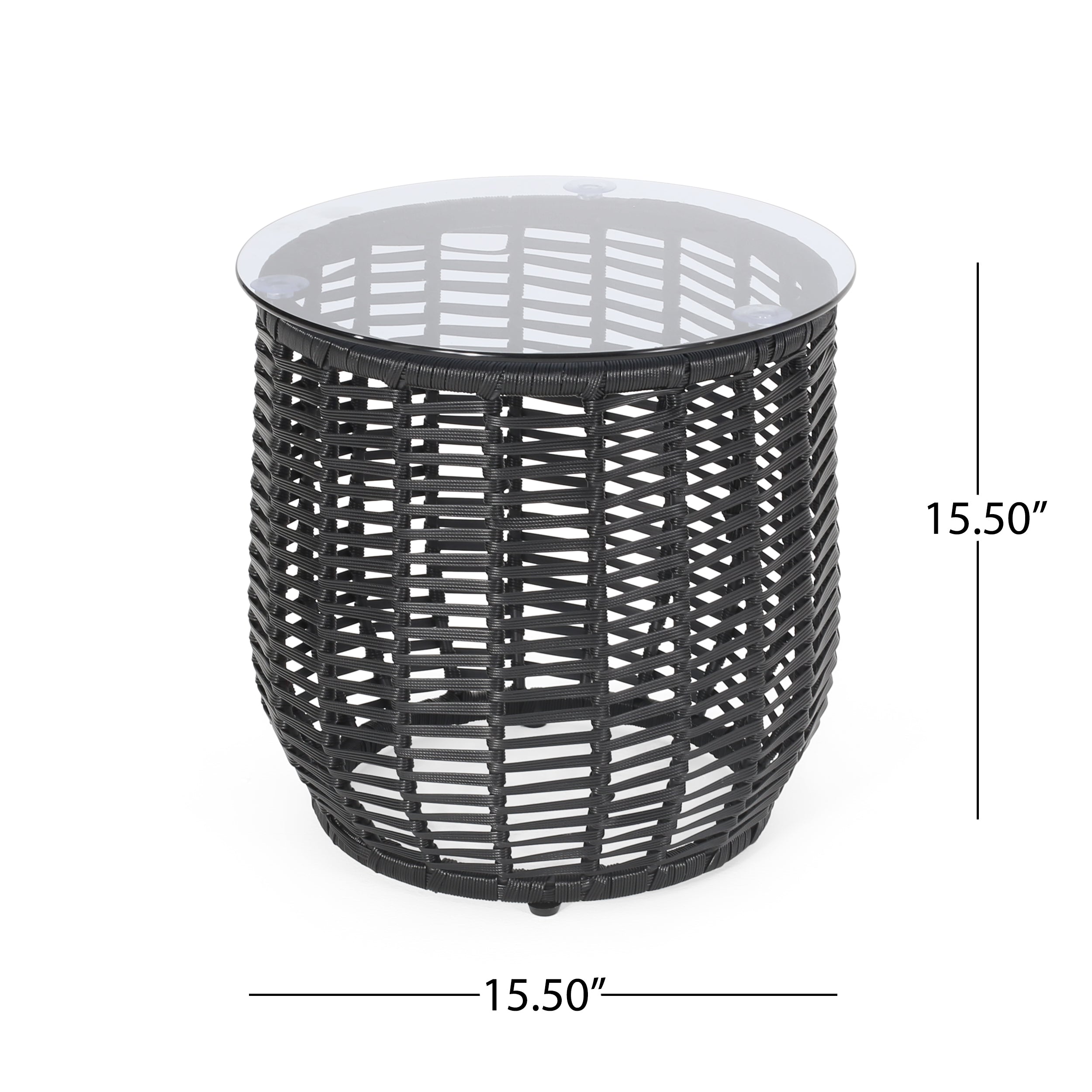 Boho ARIAS Side Table with Tempered Glass Top and Rattan Wrap, Black, 15.5 inches