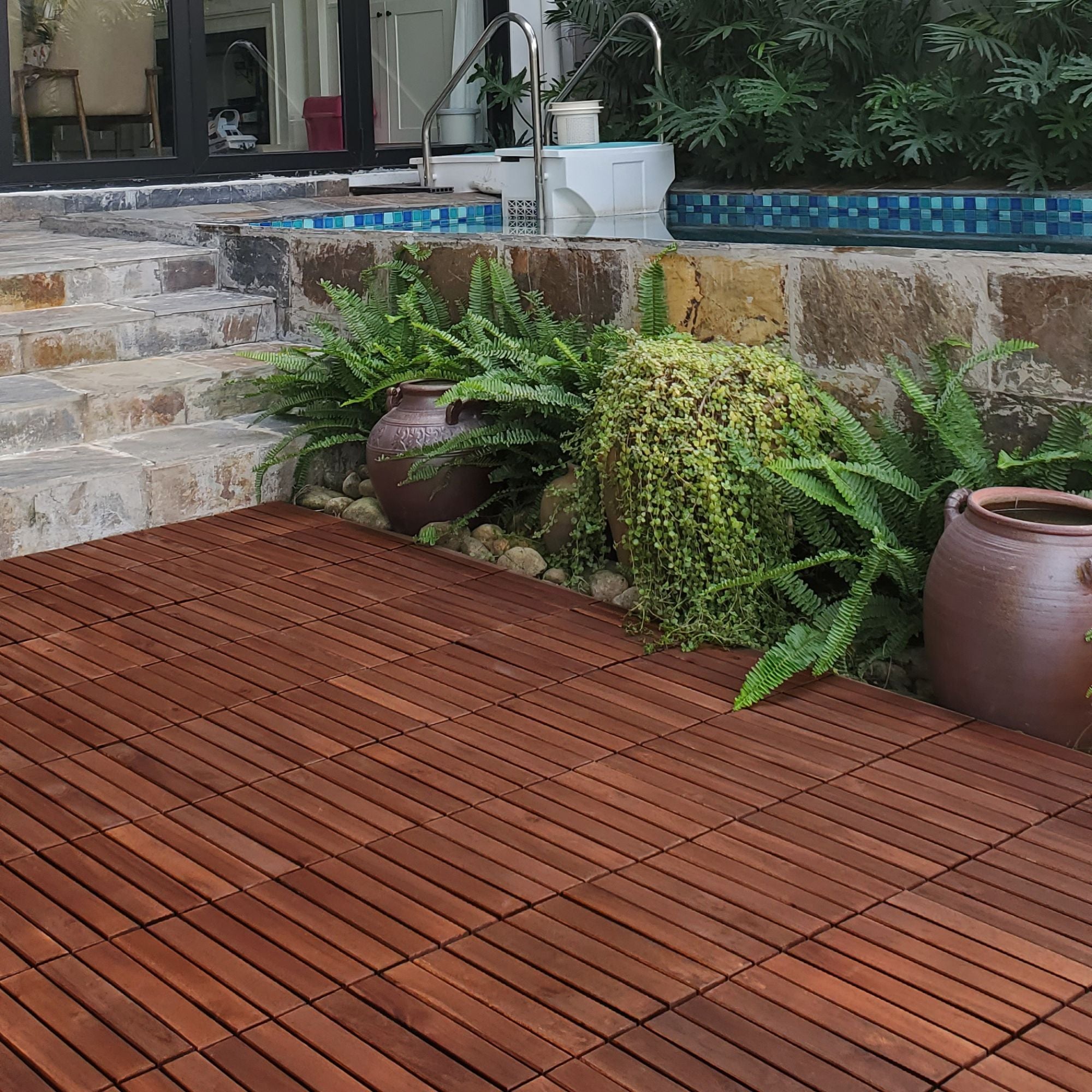 Interlocking Deck Tiles Striped Pattern, Waterproof Anti Mildew Brown