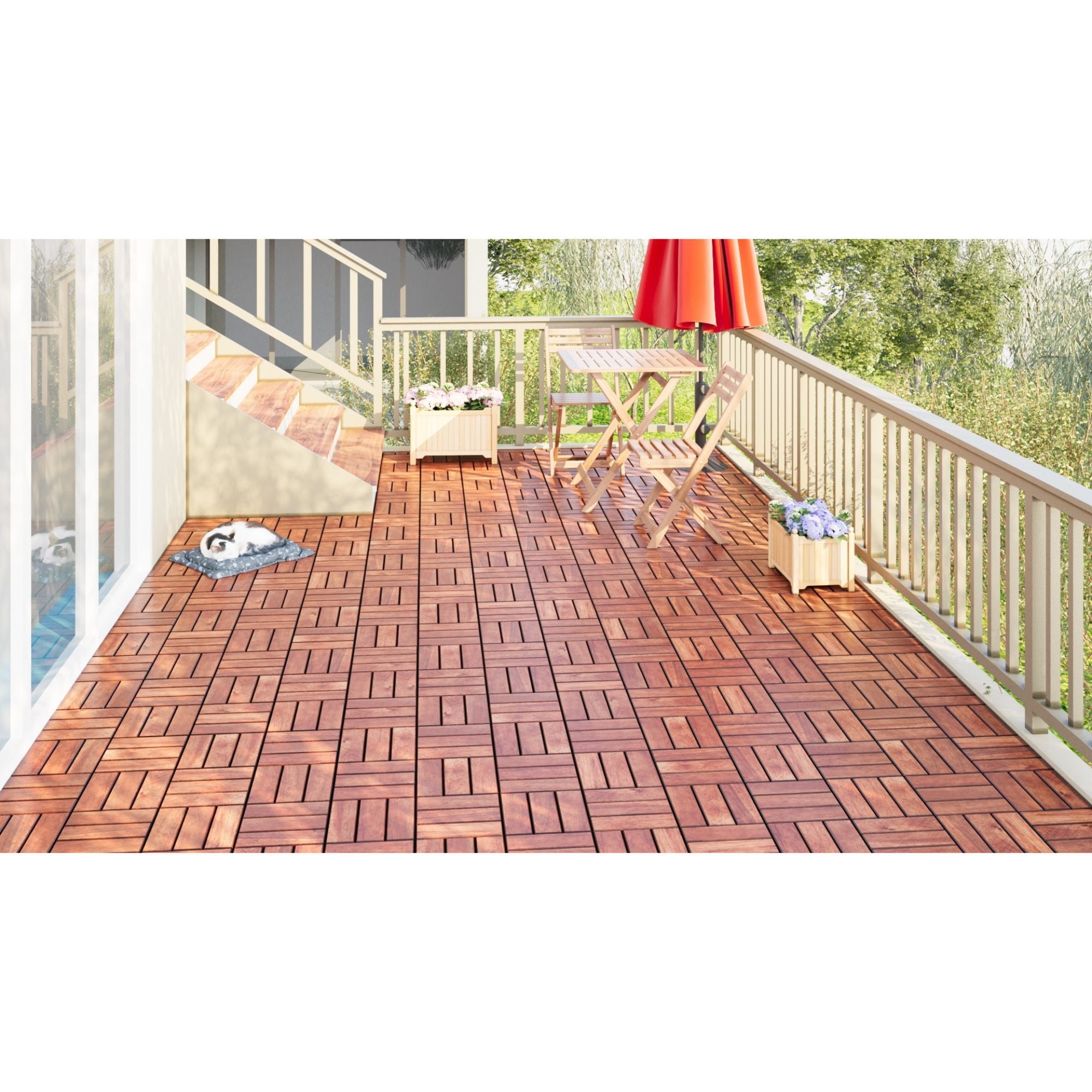 Acacia Wood Interlocking Deck Tiles Checker Pattern For Outdoor Flooring