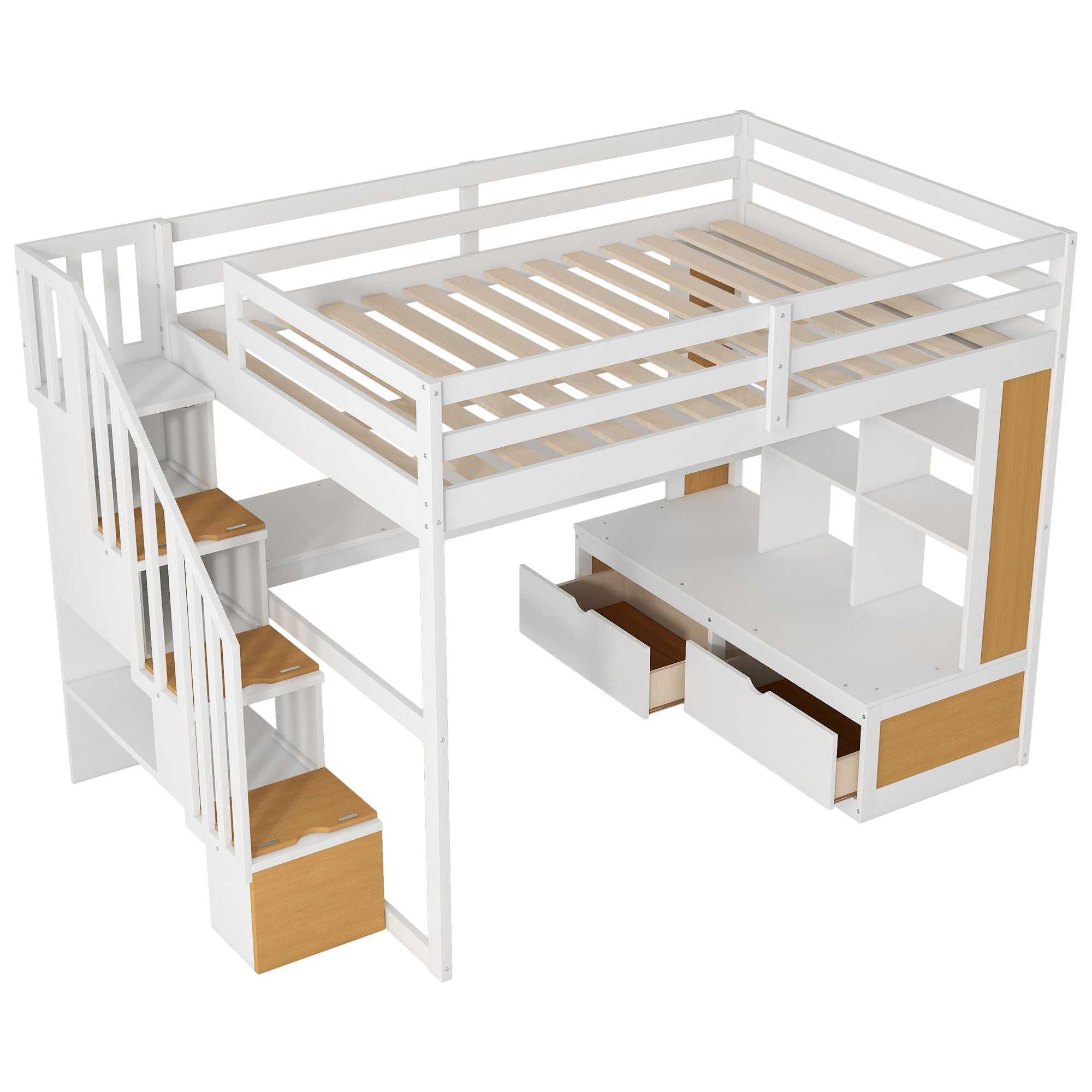 Full Size Loft Bed With Desk And Shelves, 2 Built In Drawers, Storage Staircase - Natural / White
