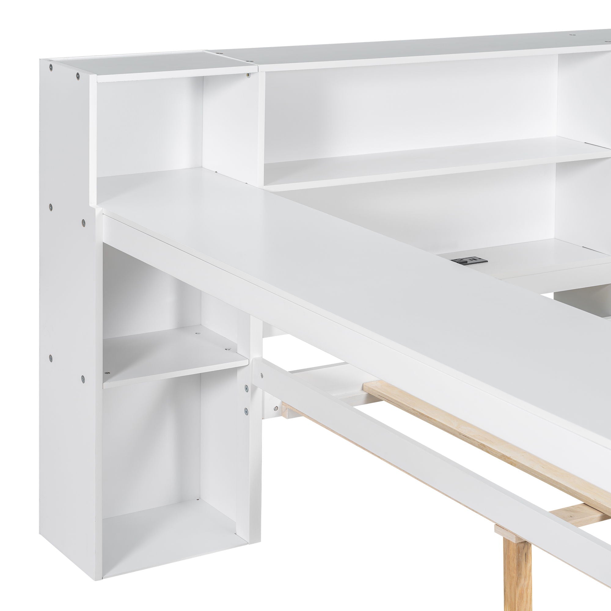 Platform Bed With Upholstered Headboard, Storage Shelves, Drawers, Charging Station, LED Lighting, Built In Desk
