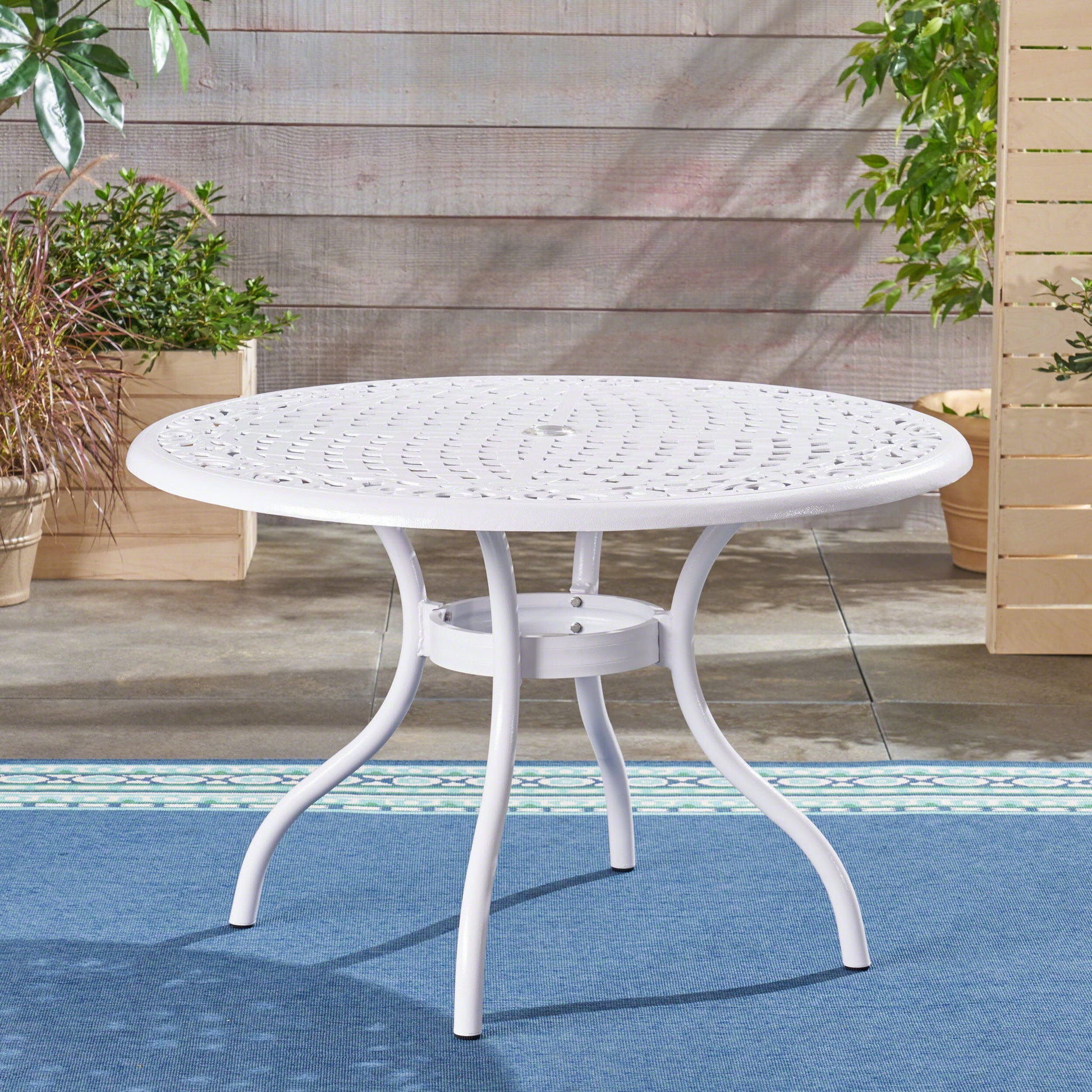 Tranquilius - Outdoor Round Dining Table With Lattice Tabletop, Umbrella Hole And Curved Legs - Best Buy Furniture
