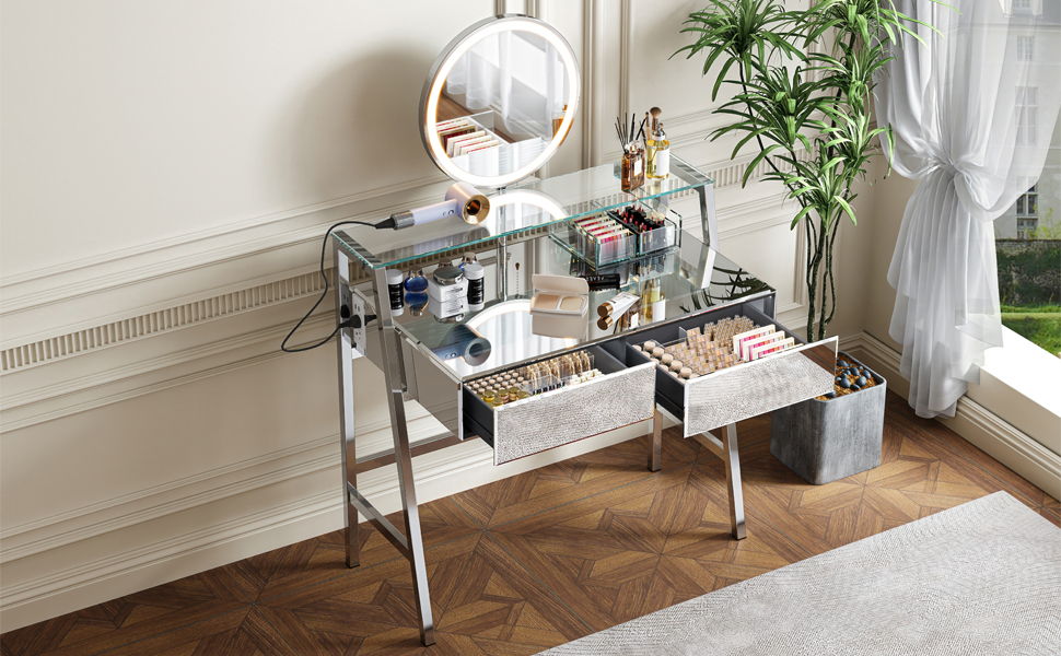 33.9" Mirrored Makeup Vanity Desk With Mirror And Lights, Mirrored Console Vanity Table With 2 Big Drawers & Open Shelf, Dressing Table With Charging Station For Bedroom - Silver - Best Buy Furniture