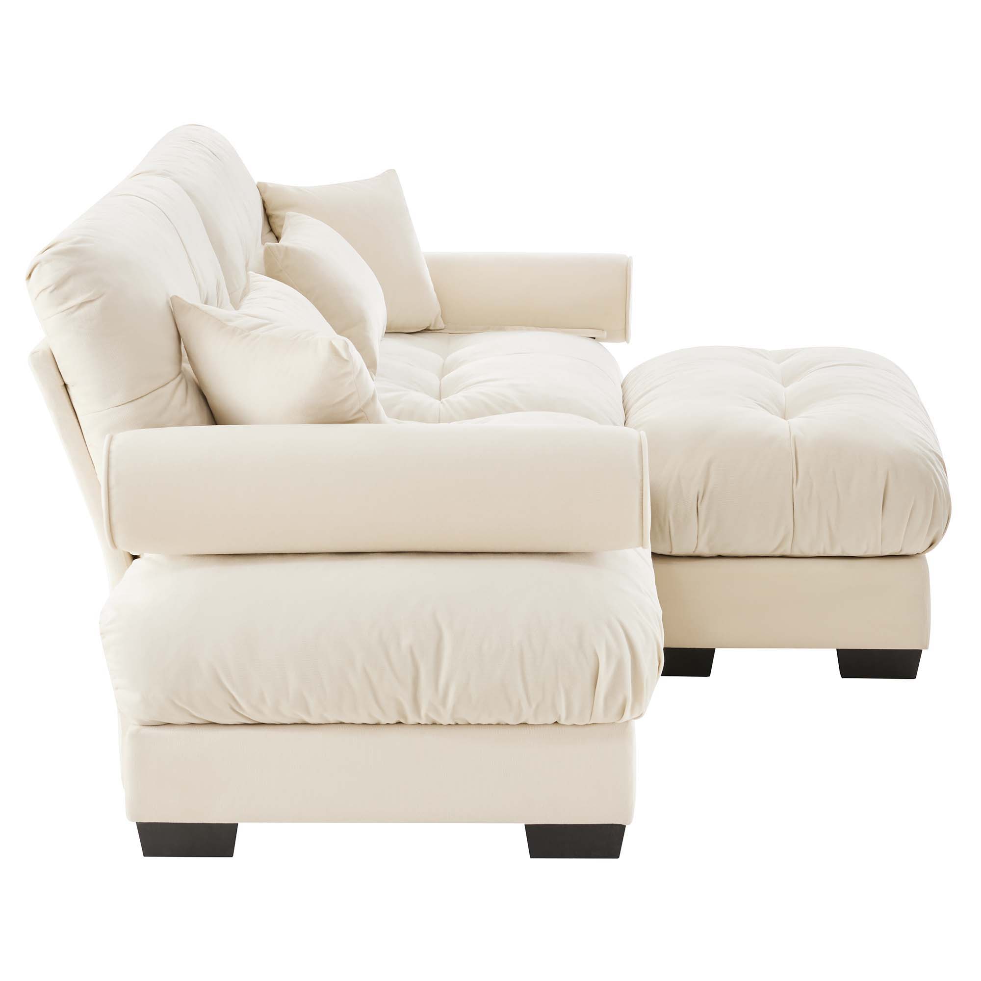 Modern Sectional Sofa With Ottoman, Round Bolster Armrests, Waist And Throw Pillows
