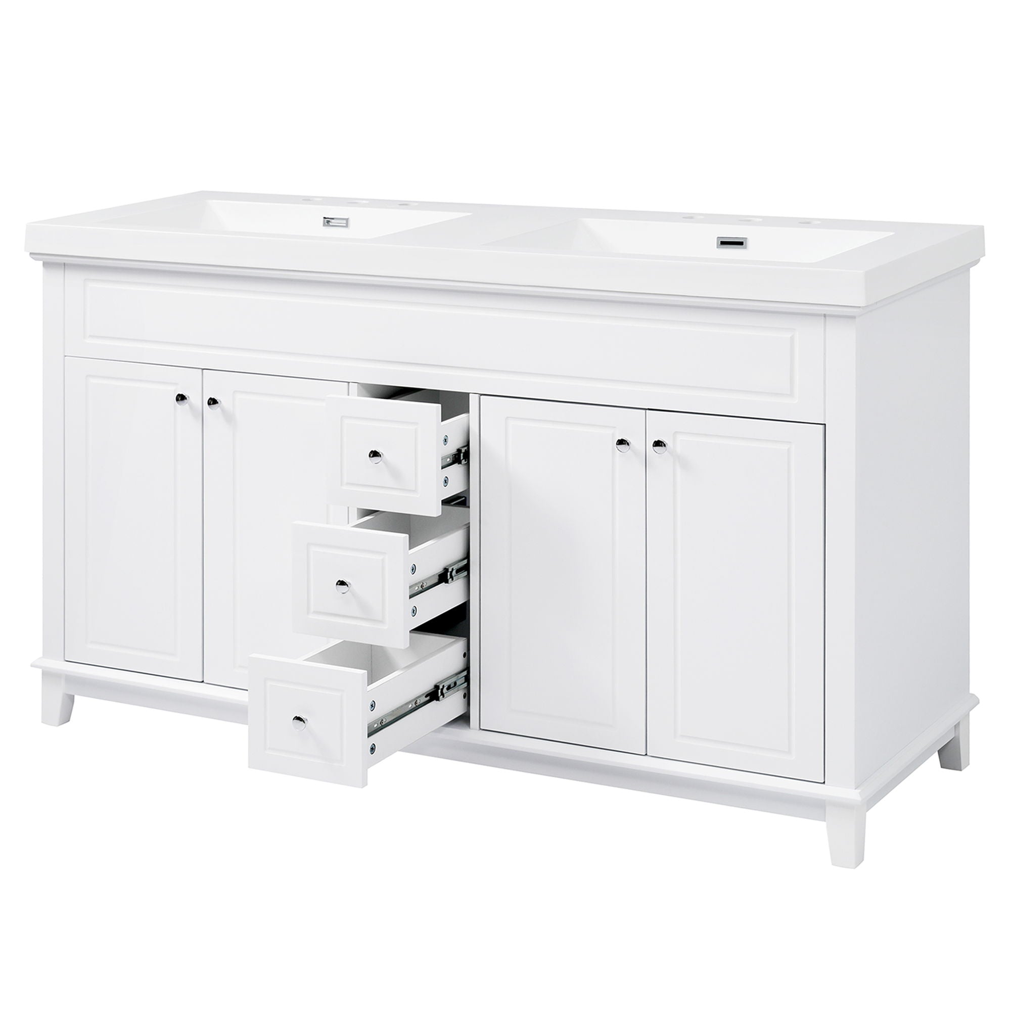 Bathroom Vanity With Double Sinks, 3 Drawers & 4 Doors, Soft Close, All Open Back Design - White