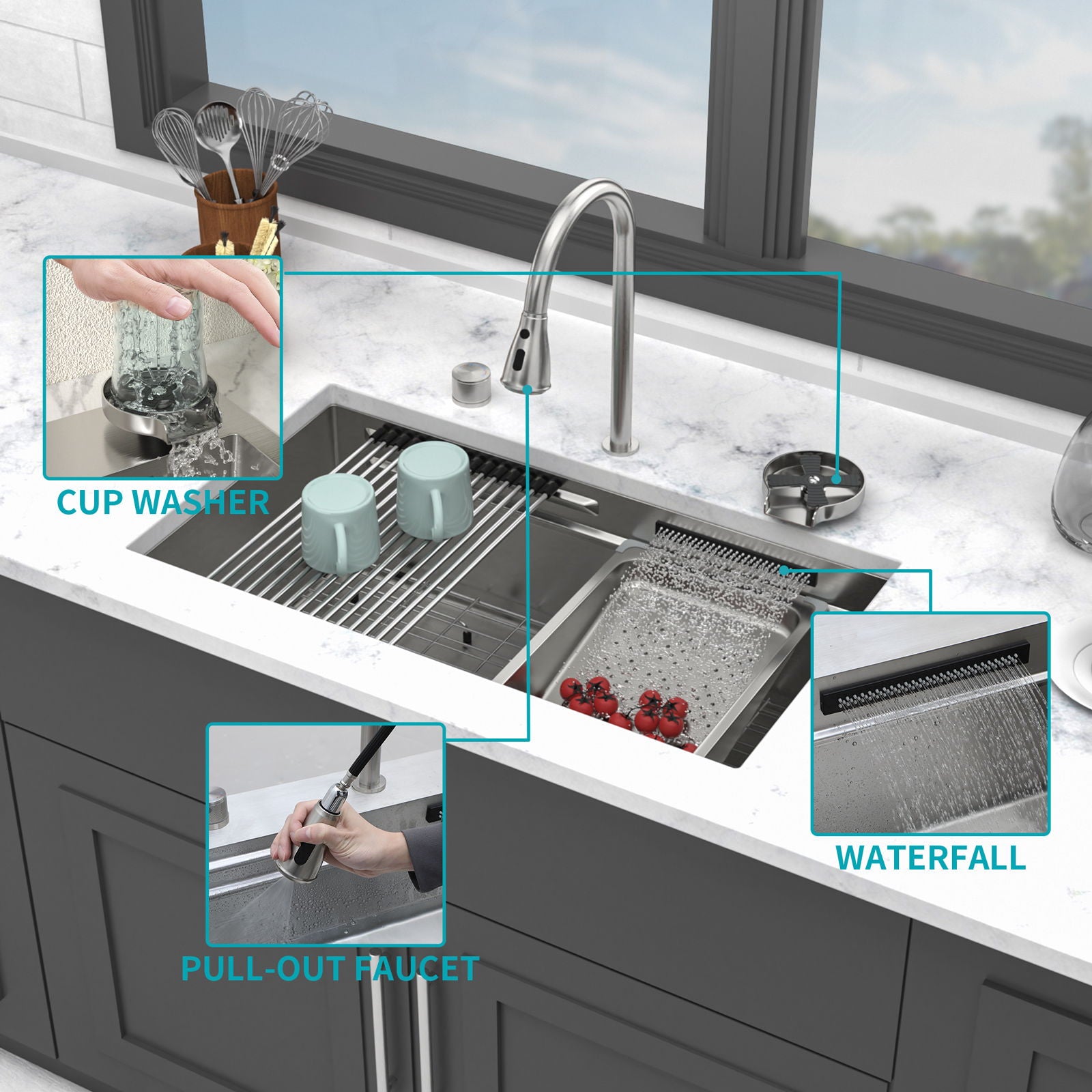 Undermount Stainless Steel Kitchen Sink With Pull Down Faucet & Ledge Workstation