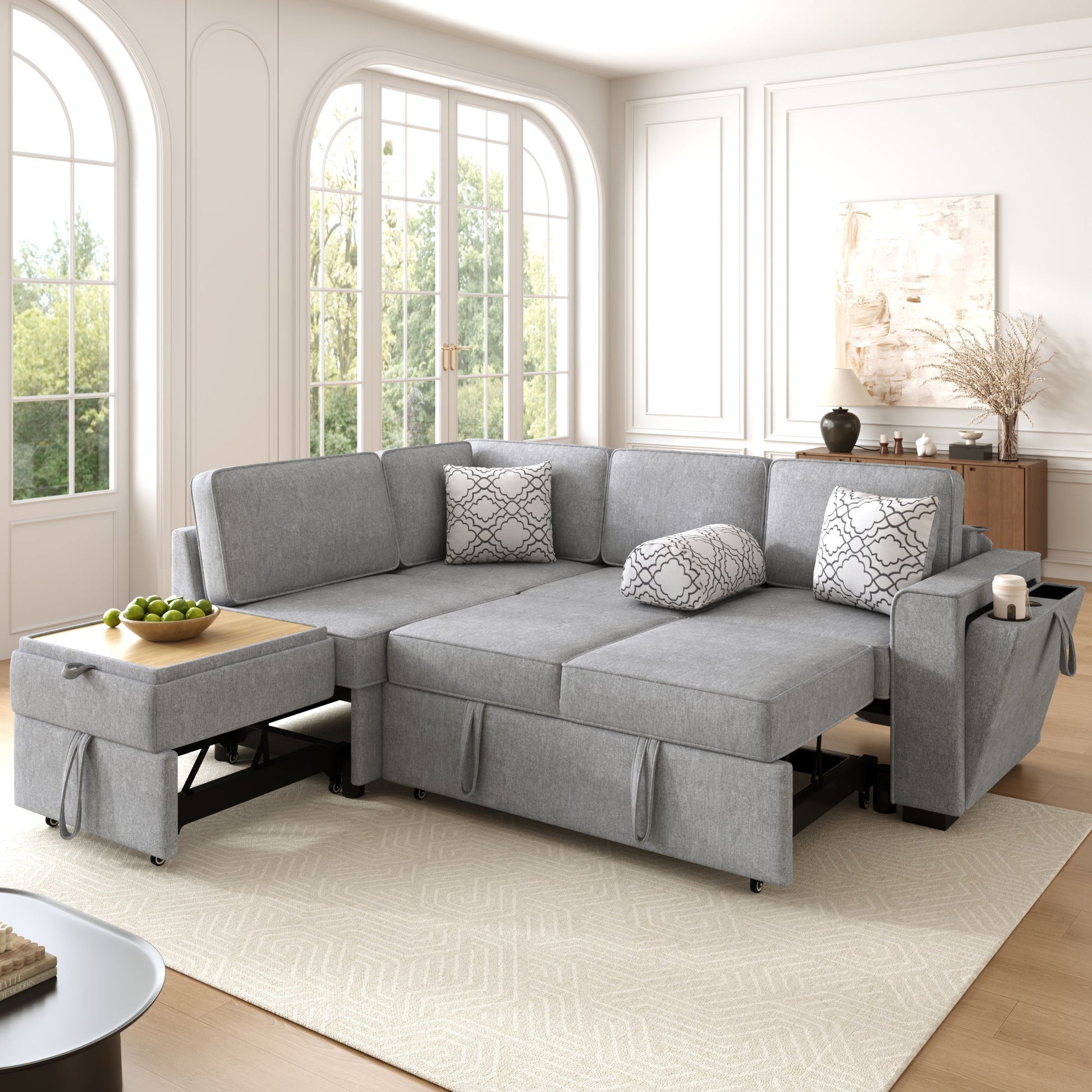 Convertible Sectional L-Shaped Sofa With Dual Pull-Out Sleepers, Flip-Top Table, USB Ports, Cup Holder & Storage - Best Buy Furniture