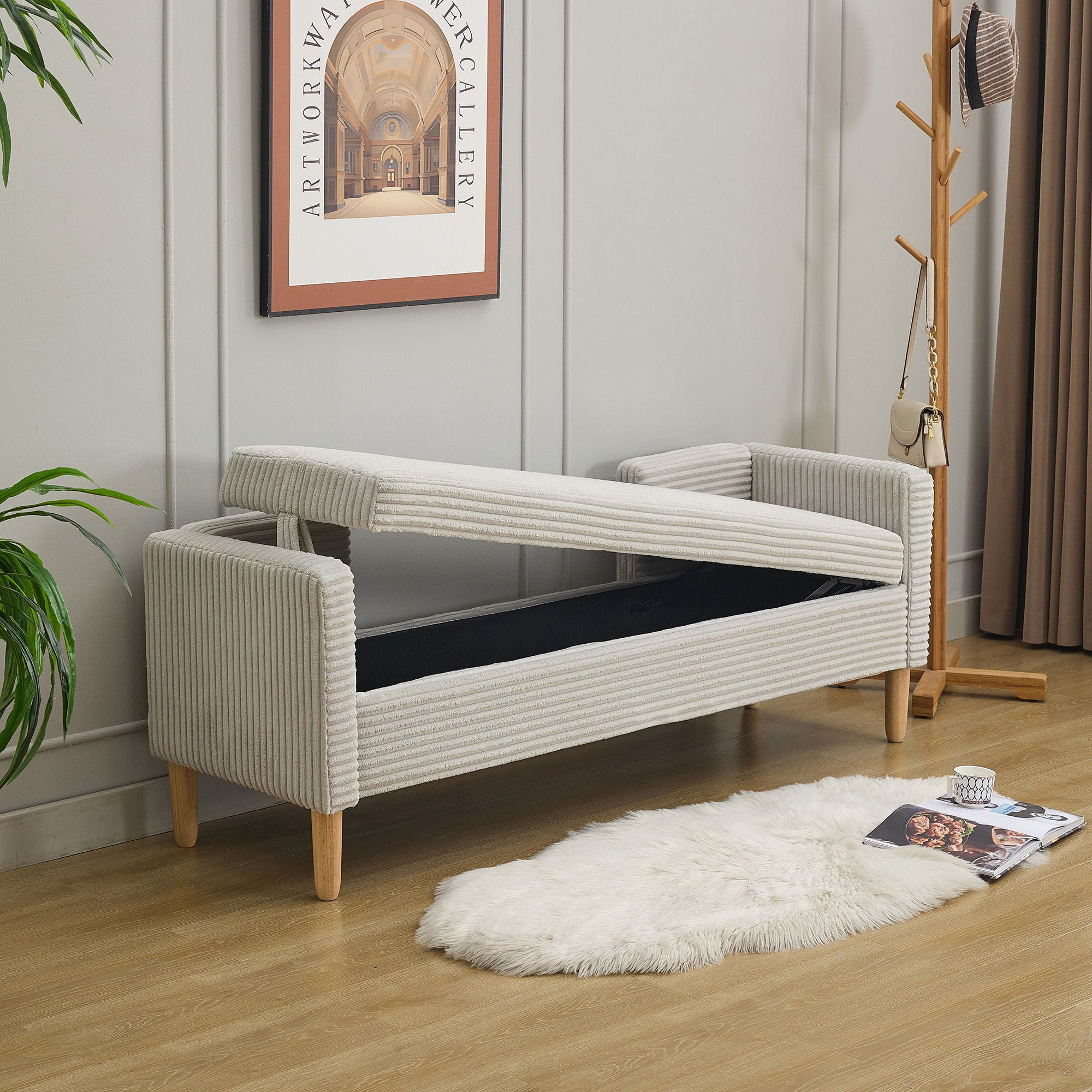 Wide Corduroy Storage Soft Bench With Armrests, Backrest And Two Bolster Pillows