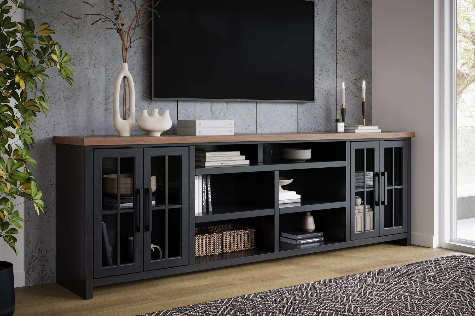 Essex - TV Stand Console For TVs Up To 100" - Black, Whiskey - Best Buy Furniture