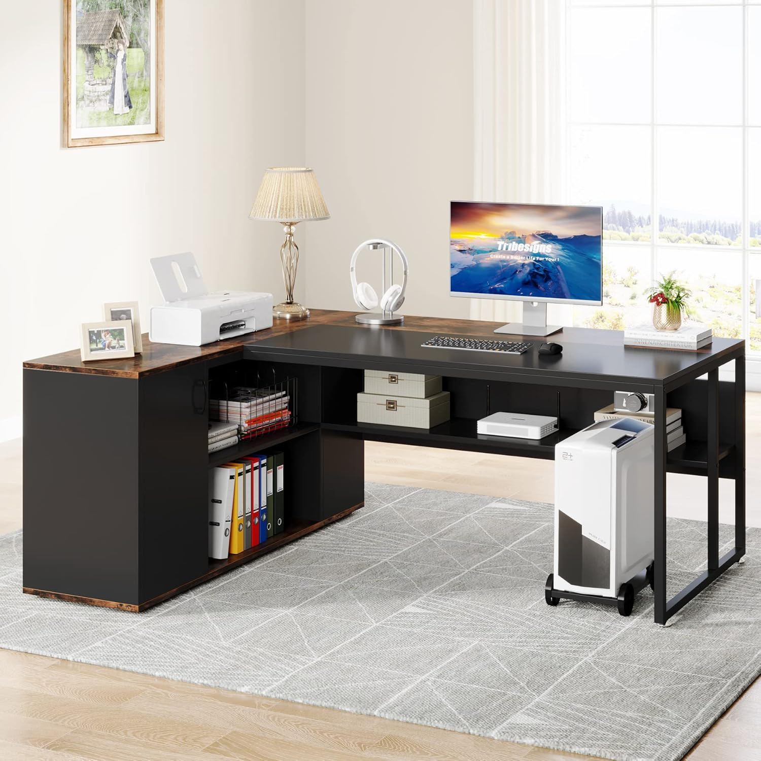 L-Shaped Executive Desk With Storage Cabinet & Shelves, Home Office Workstation With Cpu Stand And Printer Station - Brown / Black