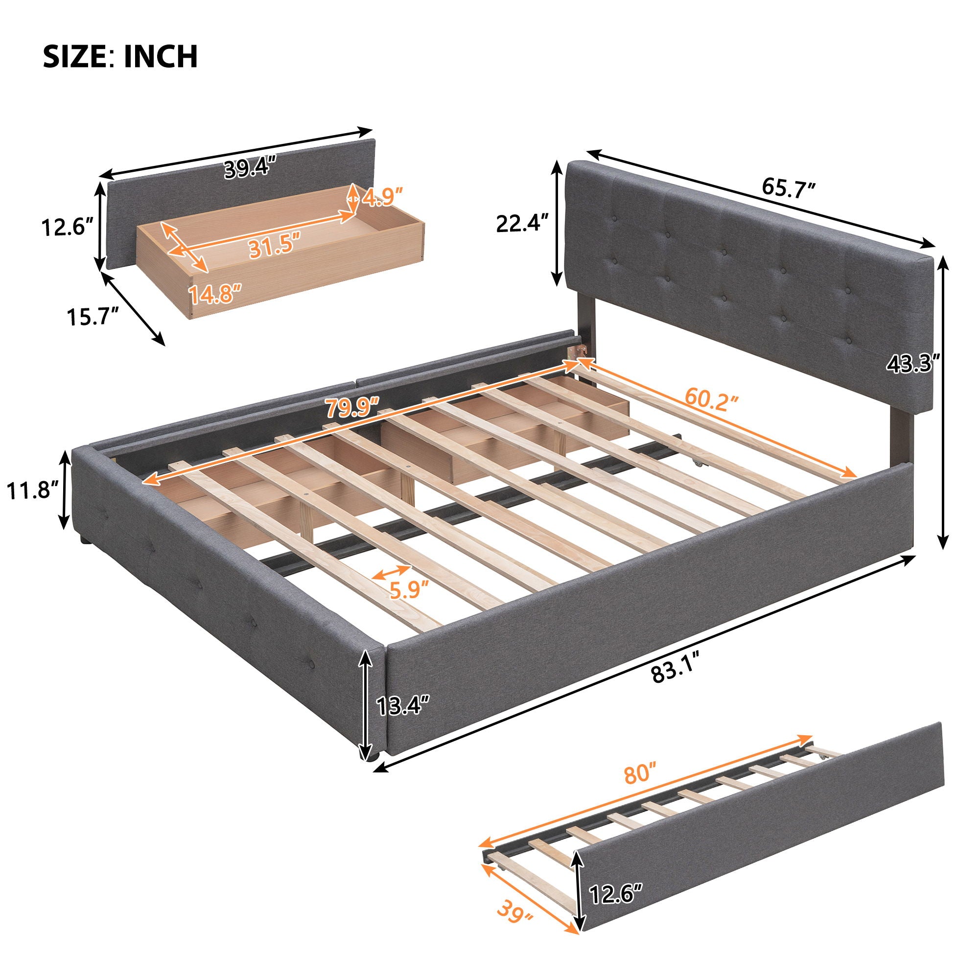 Upholstered Platform Bed With Classic Headboard And Drawers, No Box Spring Needed