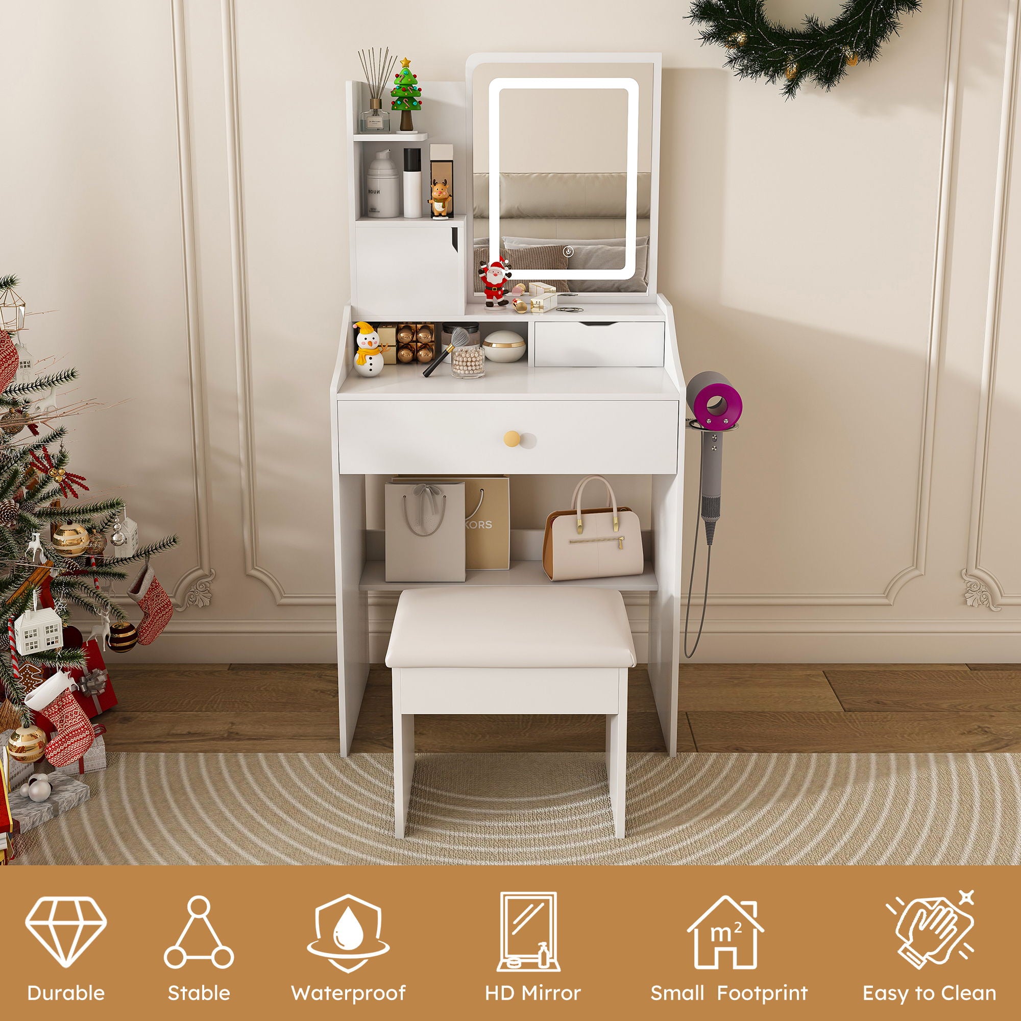 3 Color LED Vanity Mirror With Stool, 2 Drawers & 5 Storage Cabinets, Adjustable Lighting - White