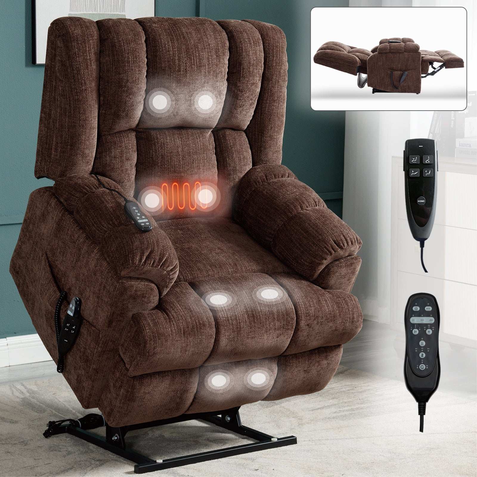 TOPMAX Electric Power Lift Recliner with Massage, Brown - Best Buy Furniture