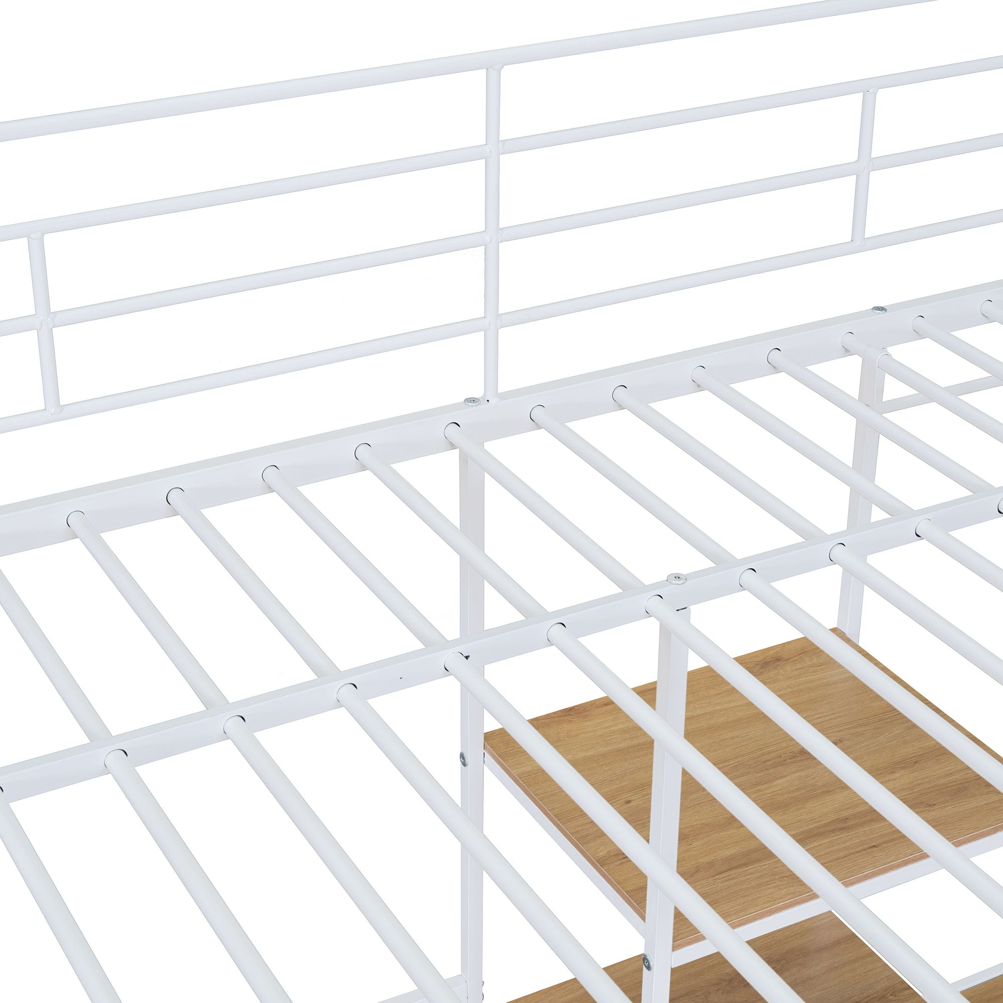 Full Size Loft Bed With Desk And Stool, With Open Style Wardrobe, Shelves And Cabinet - White