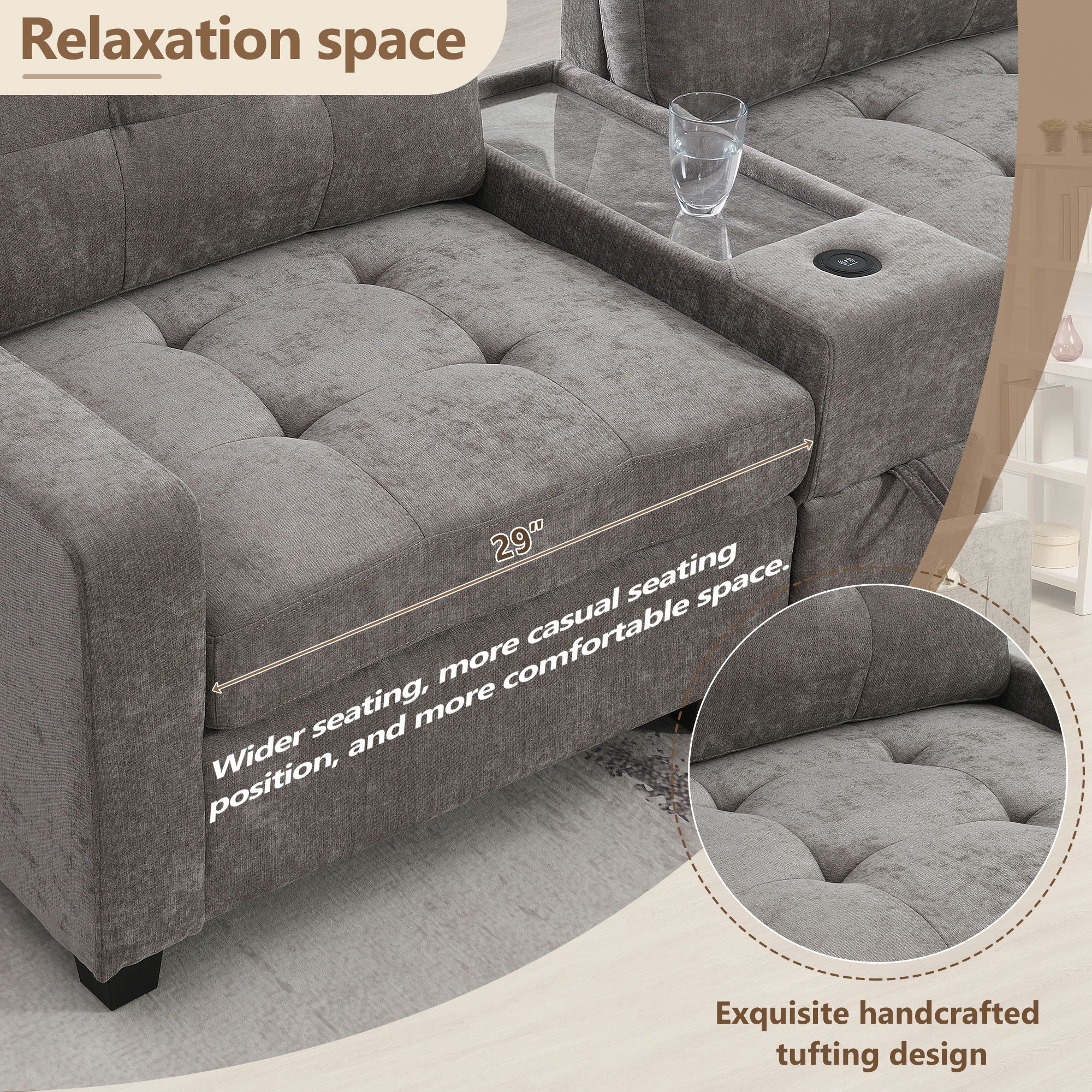 Sectional With Acrylic Table Top U Shaped Couch Set With 2 Consoles USB Charger, Storage Drawers And Pockets Movable Ottoman Tufted Sofa