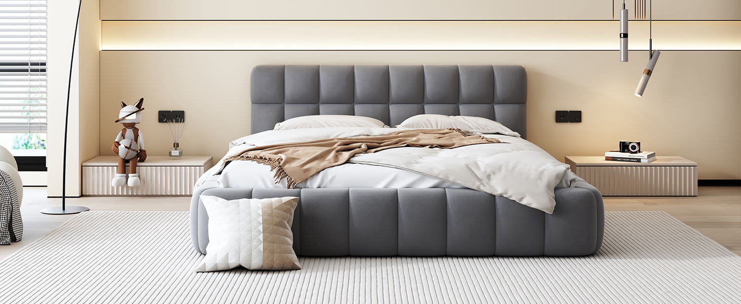 Upholstered Platform Bed With Thick, Grounded Bed With Solid Frame