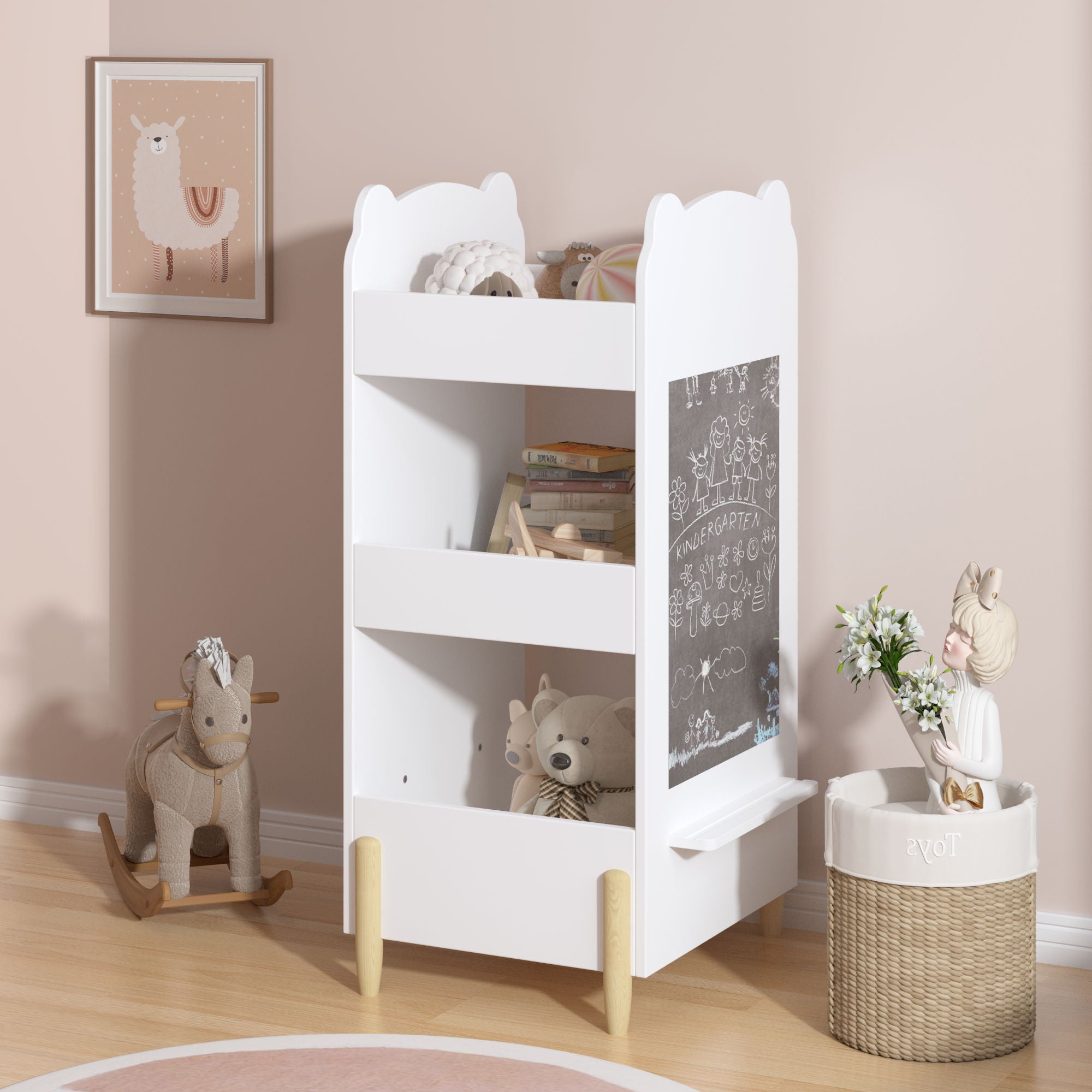 Bear Shaped Bookshelf With Chalkboard Side, 3 Tier Storage Organizer For Playroom - White