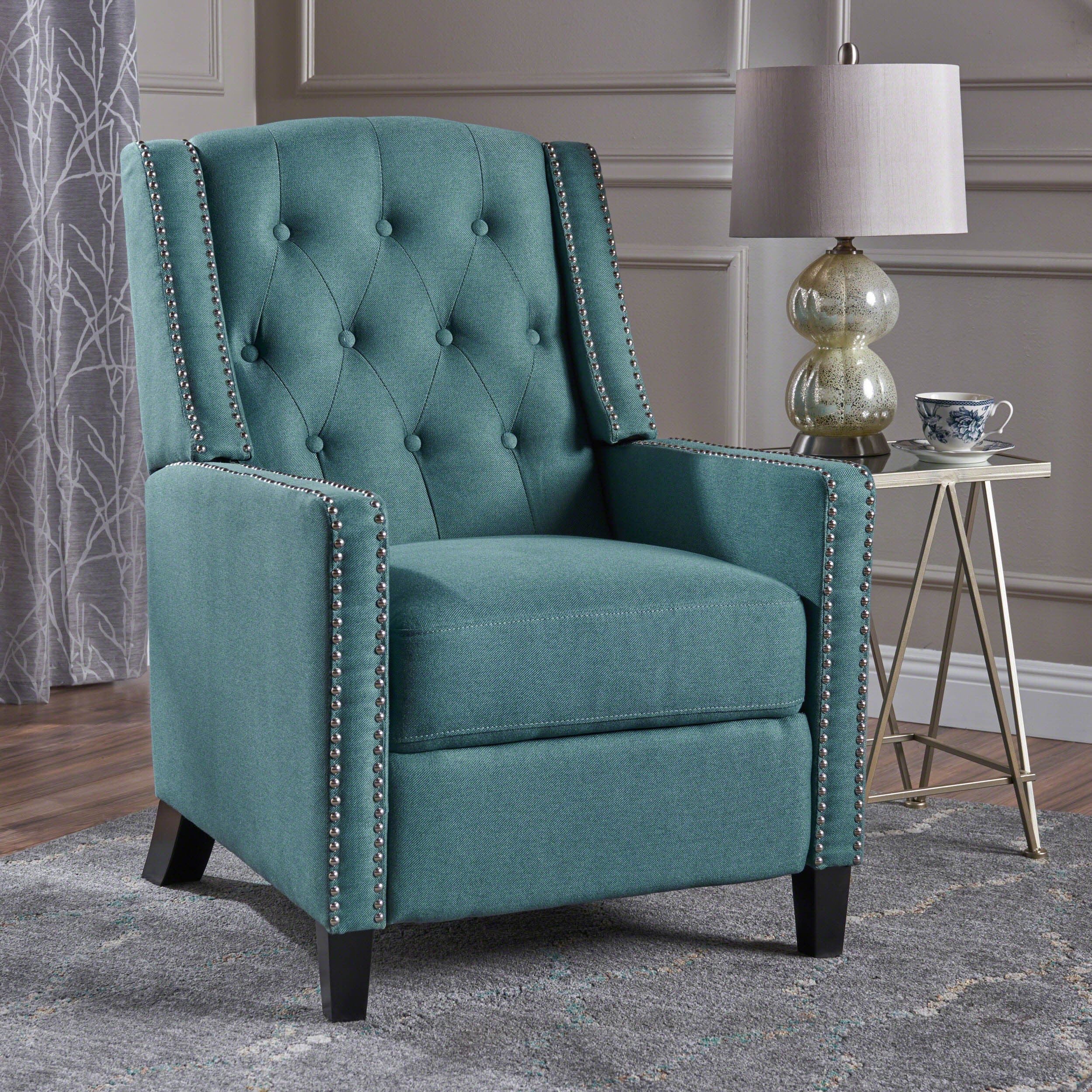 Classic-Teal-Fabric-Push-Back-Chair-with-Riveted-Armrests-Recliners