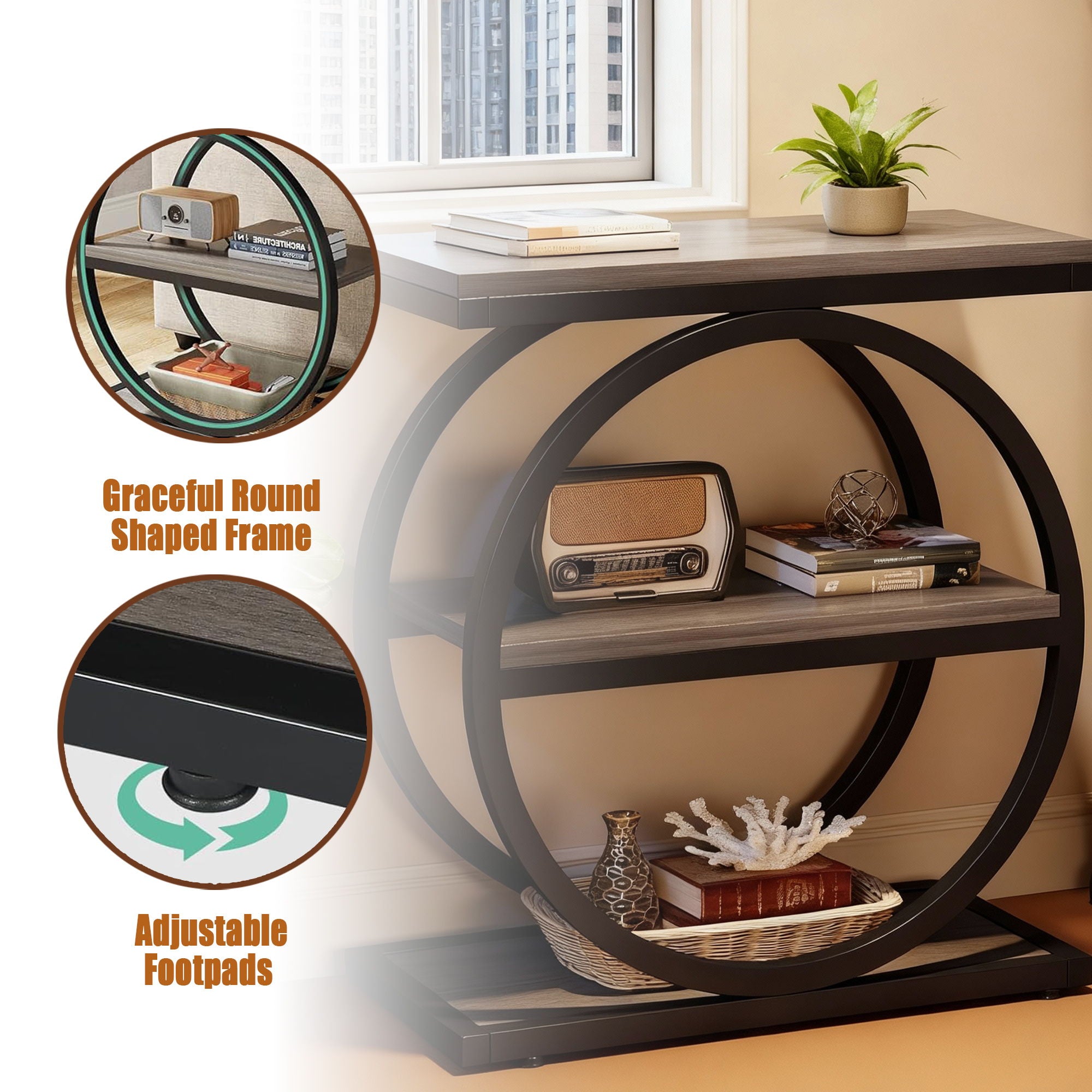 Industrial Narrow End Table With 3 Shelves