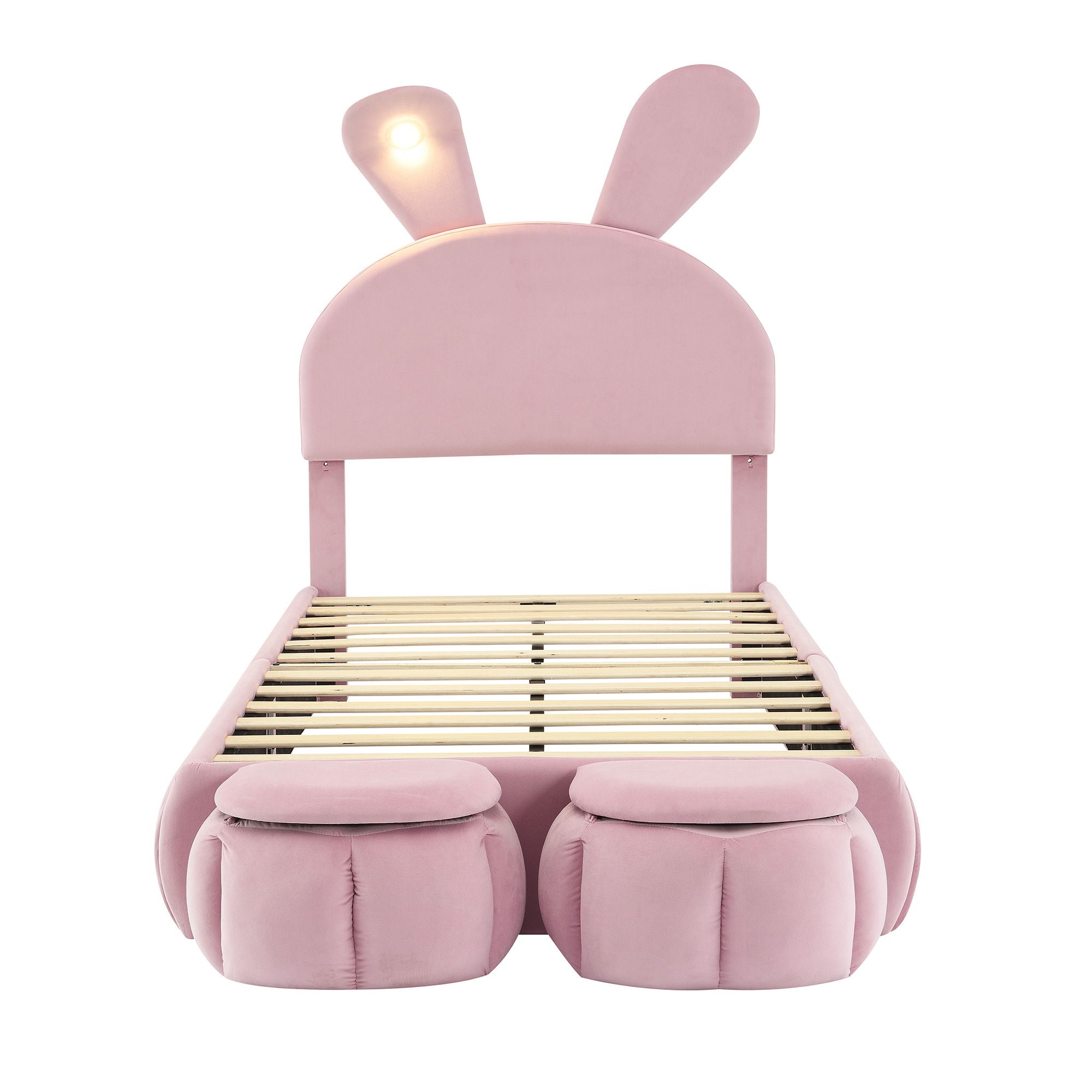 Upholstered Platform Bed With Cartoon Ears Shaped Headboard And LED Light