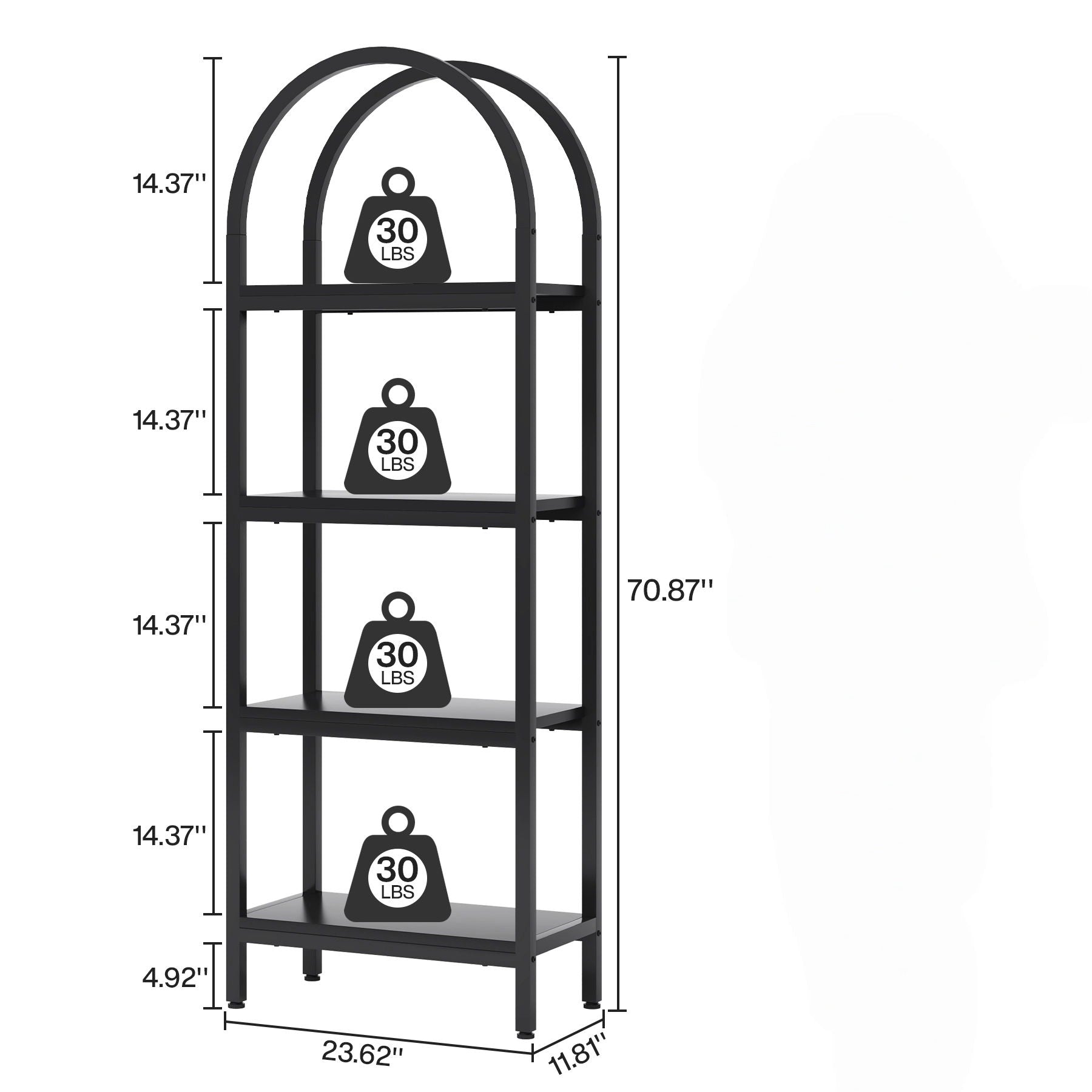 Tall 4 Tier Arched Open Bookshelf Storage Rack - Black