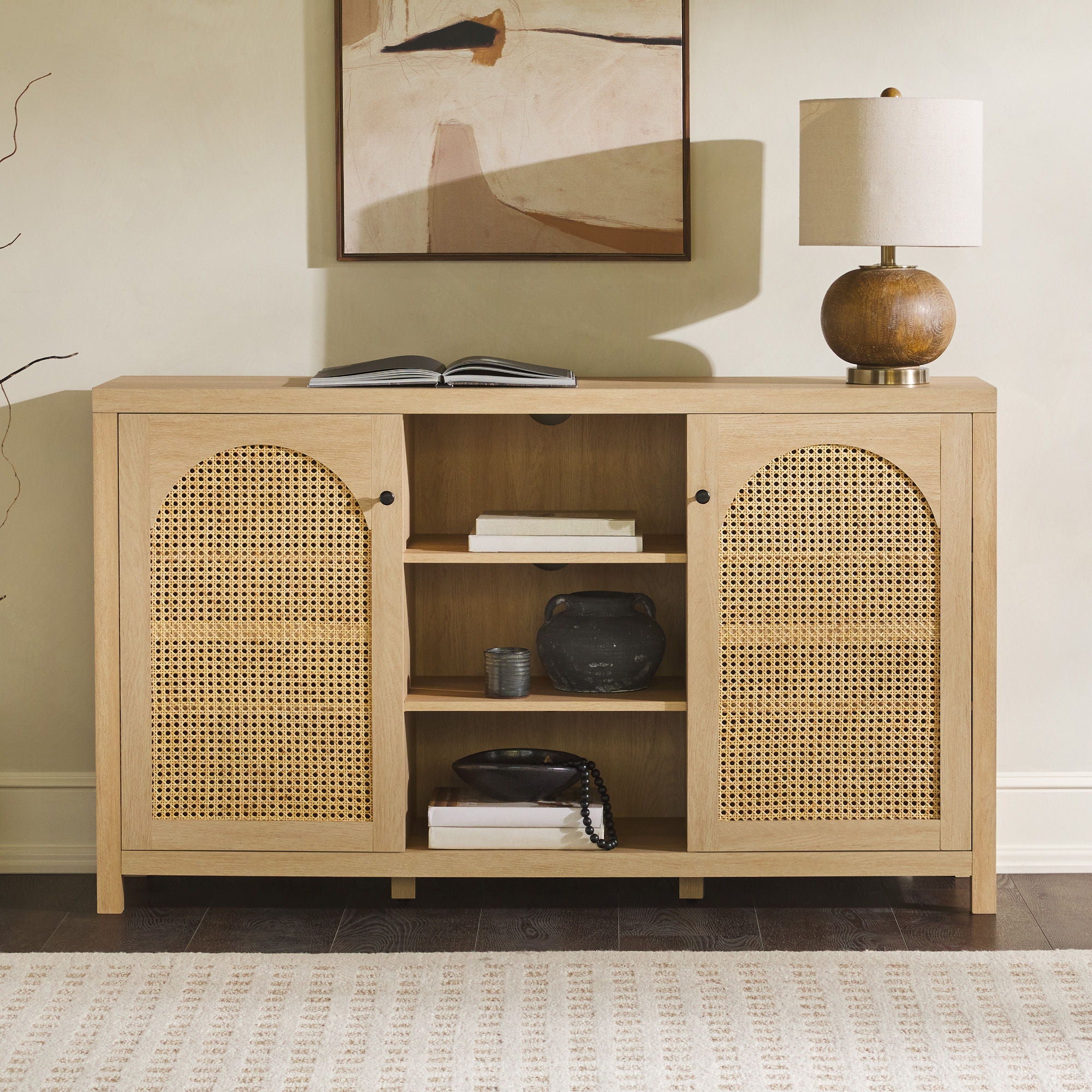 Transitional 2 Door Sideboard With Arched Rattan Panels