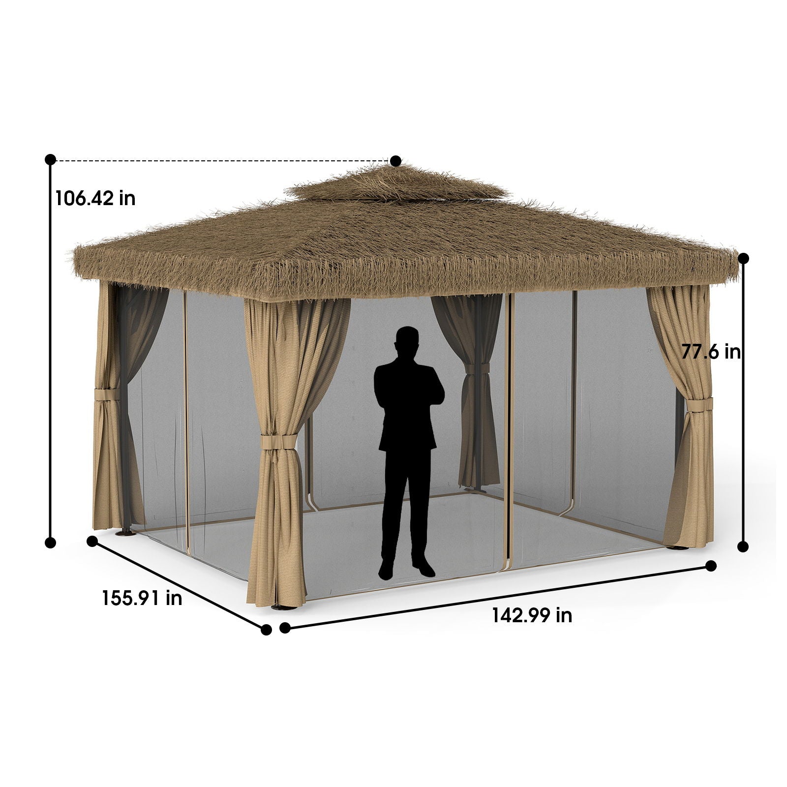 Outdoor Patio Gazebo With Double Canopy, Mosquito Net & Privacy Curtain - Brown