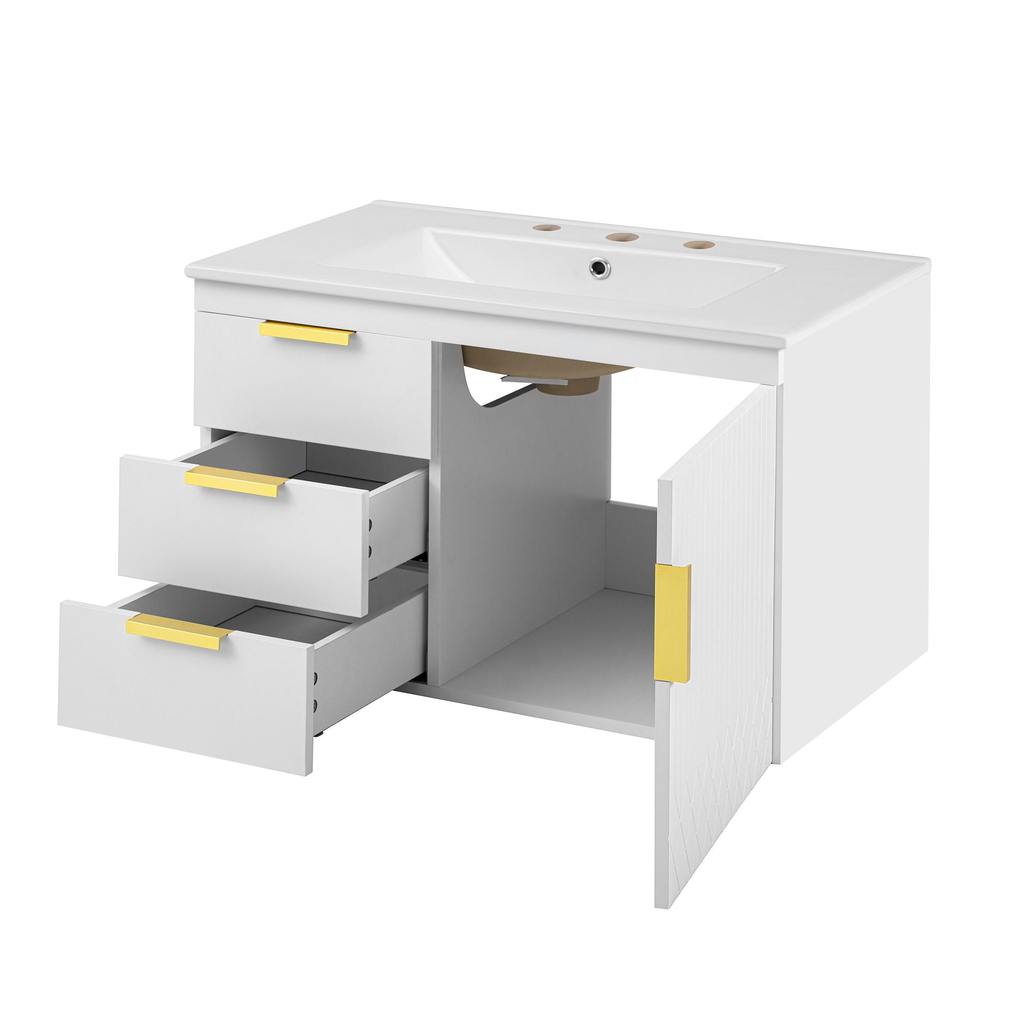 Modern Wall Mounted Bathroom Cabinet With Ceramic Sink, Soft-Closing Drawer And Door