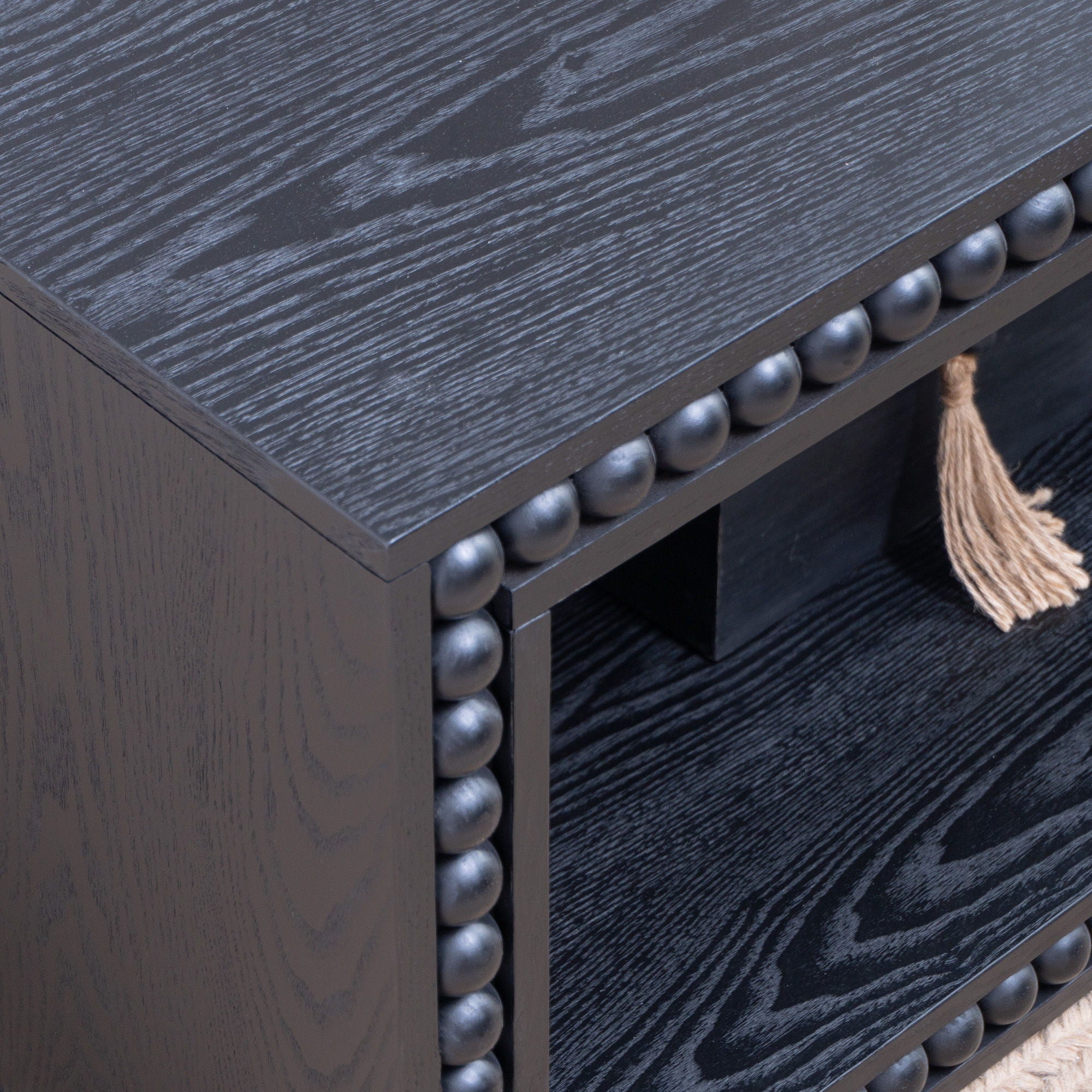 Beaded Edge Coffee Table, Rectangular Center Table With Open Storage Shelf - Black
