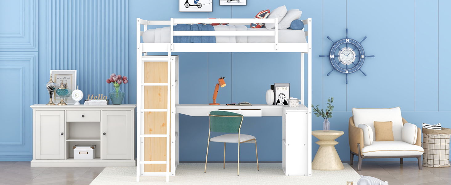 Loft Bed With Ladder, Shelves, And Desk