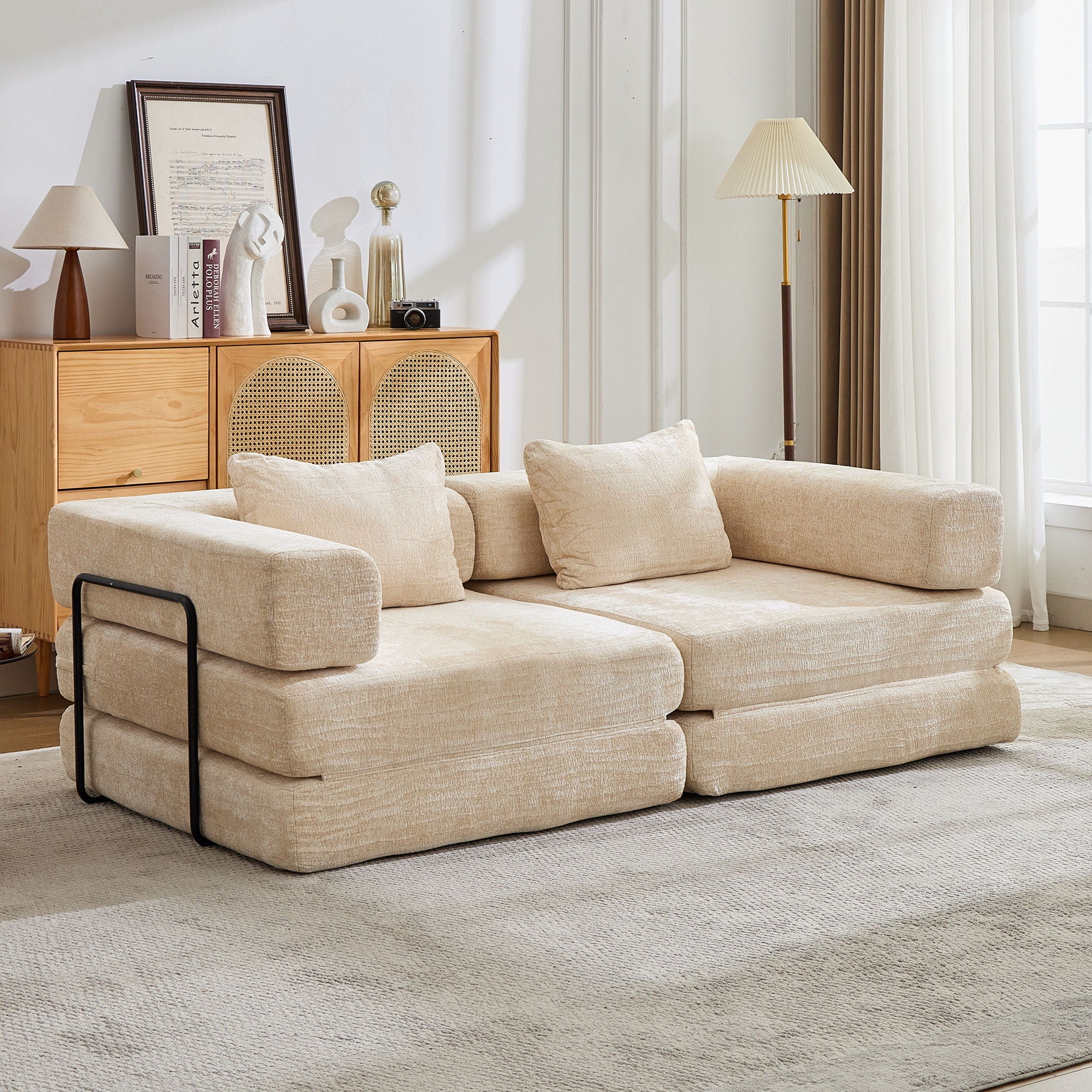 Convertible Floor Sofa Bed With Fixed Shape Frame, Loveseats Boneless Modular Sectional, For Living Room - Beige