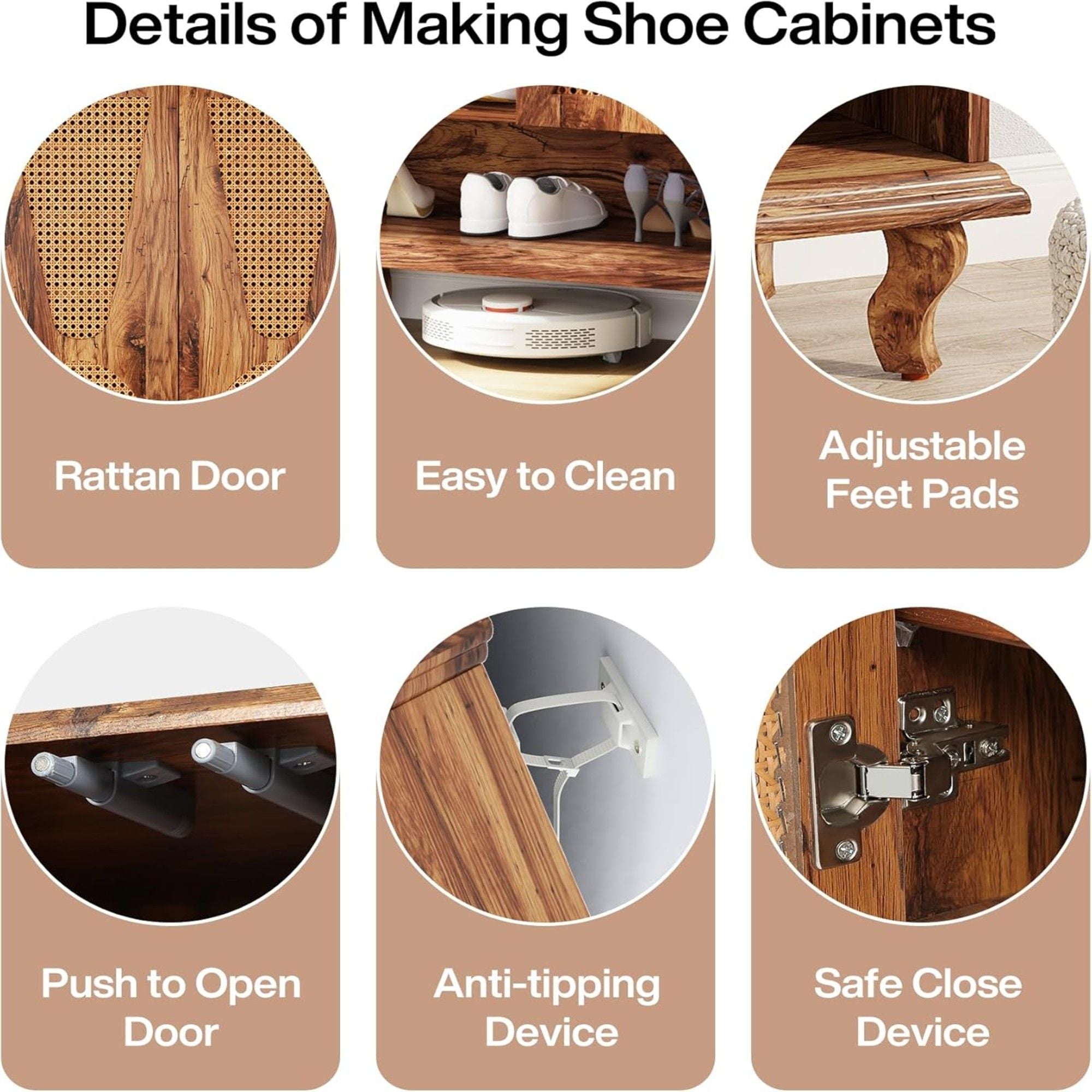 Shoe Cabinet With 5 Tier Freestanding Organizer, Ventilated Doors - Natural Wood