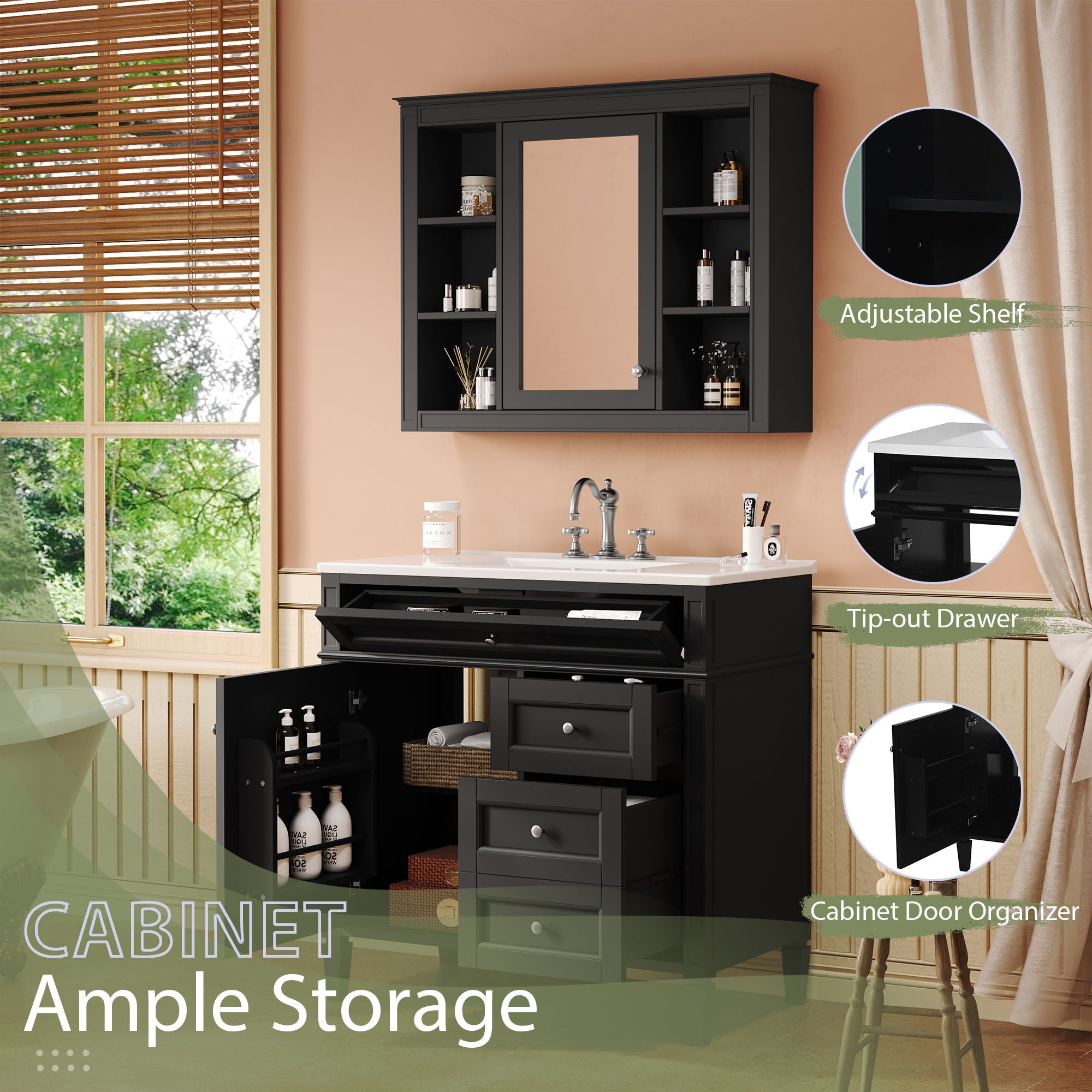 Bathroom Vanity With Top Sink, Storage Cabinet With Mirror, 2 Doors, 3 Drawers, 6 Open Shelves