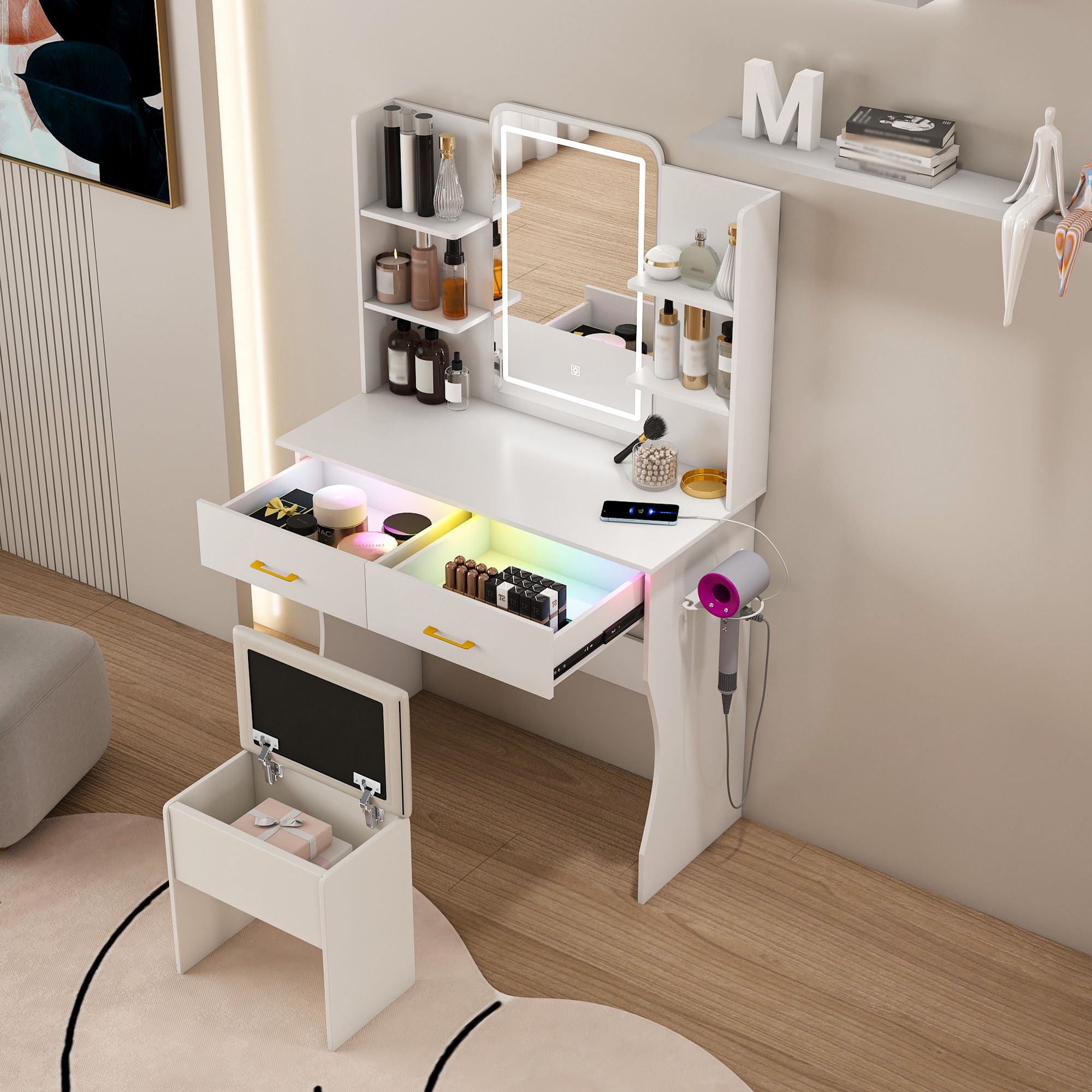 Vanity Desk With LED Lights Mirror, Power Outlet, Storage Drawers & Chair - White
