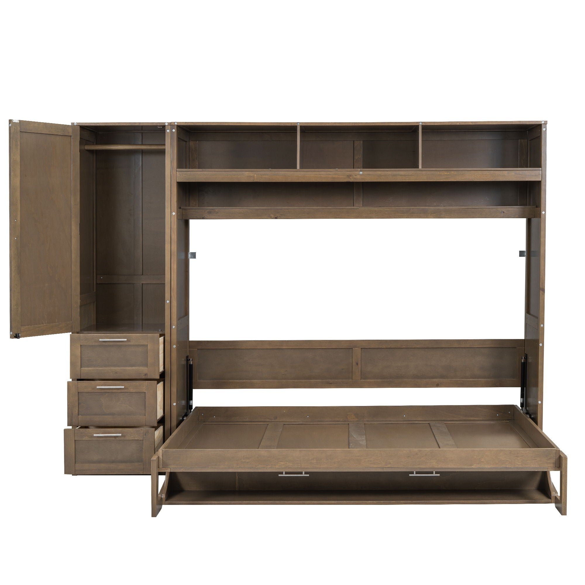 Full Size Murphy Bed With Wardrobe, Drawers, And Open Shelves - Wood