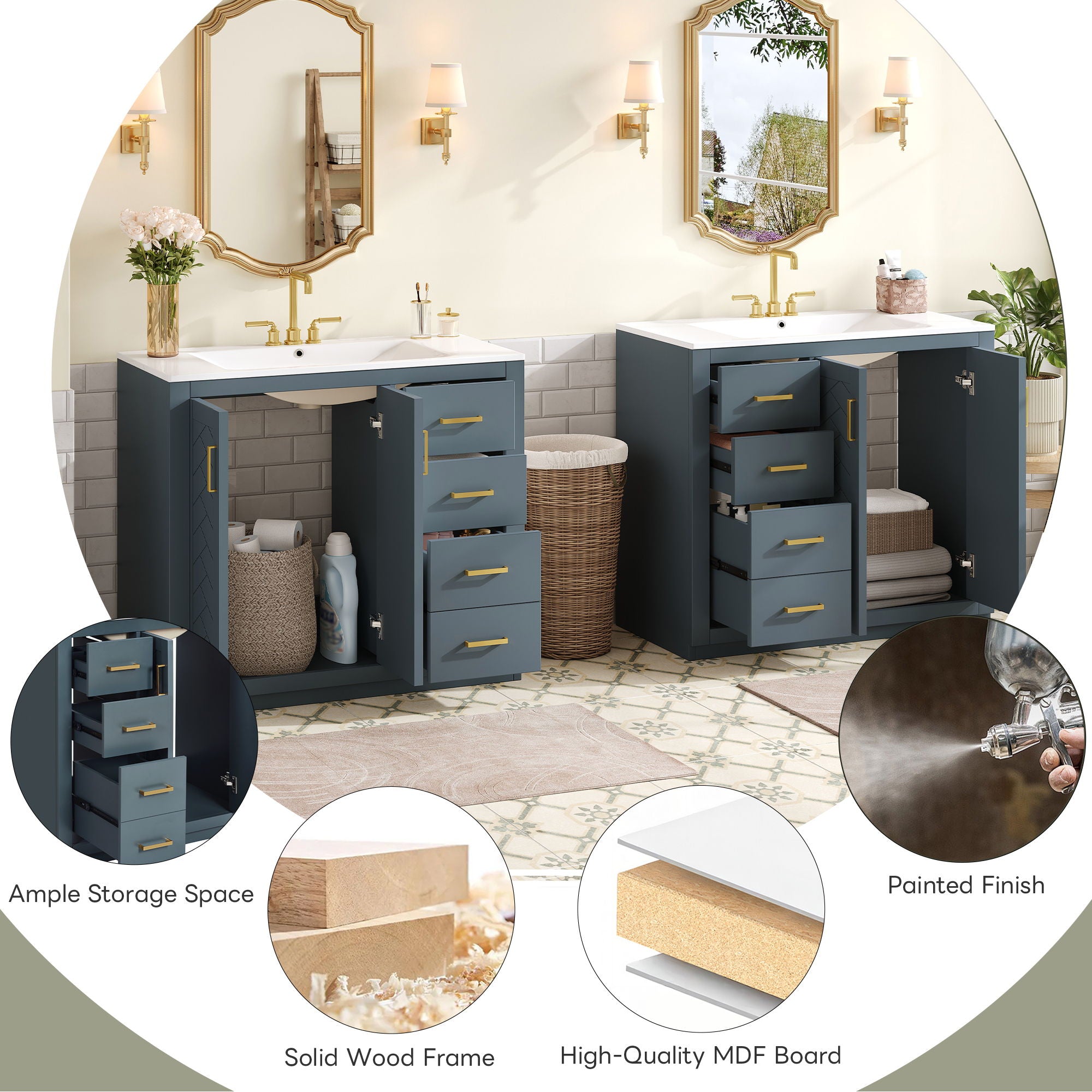 Modern Bathroom Vanity With Ceramic Sink, 6 Drawers & Soft-Close Doors