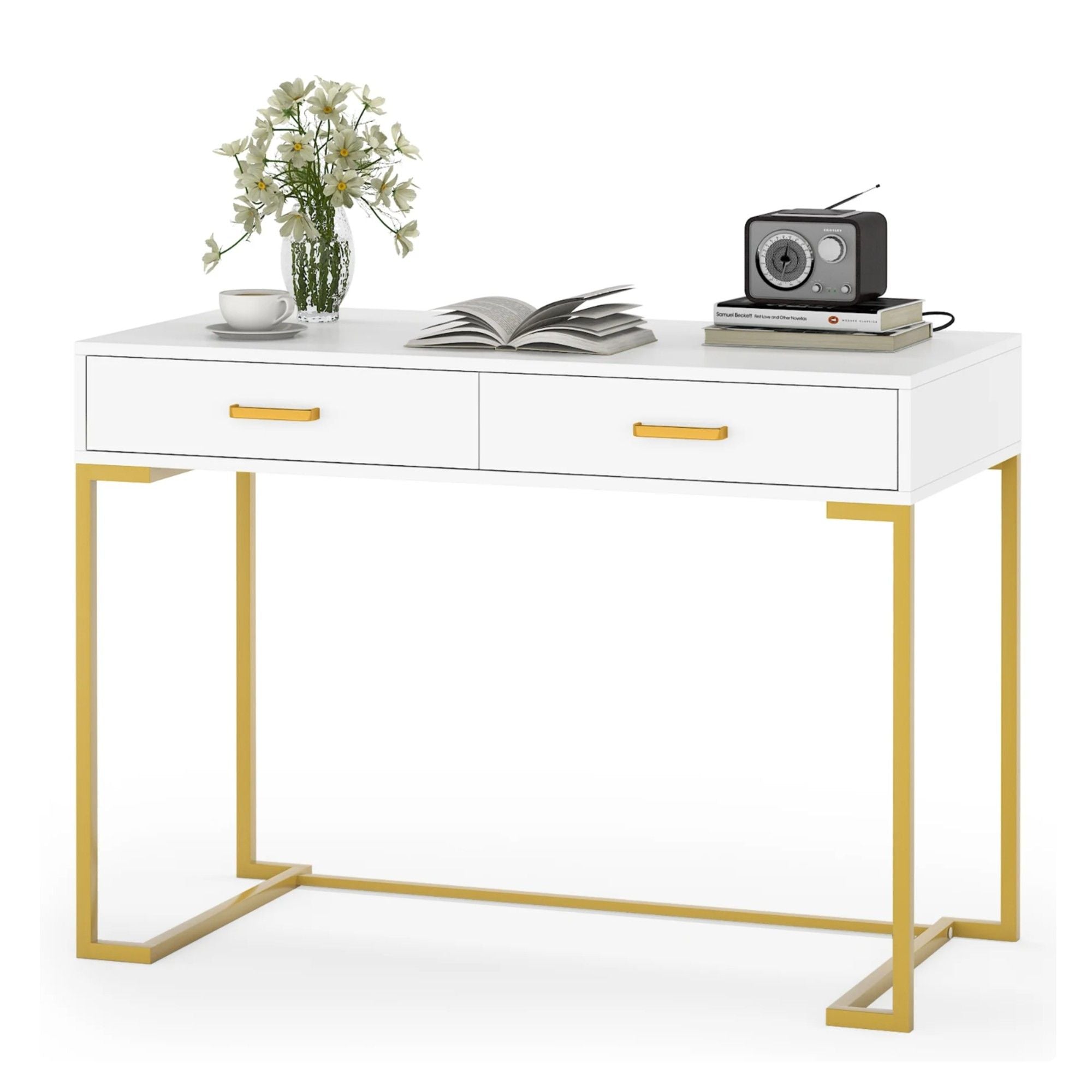 Minimalist Home Office Computer Desk With 2 Drawers, Compact Writing Table For Small Spaces - White / Gold