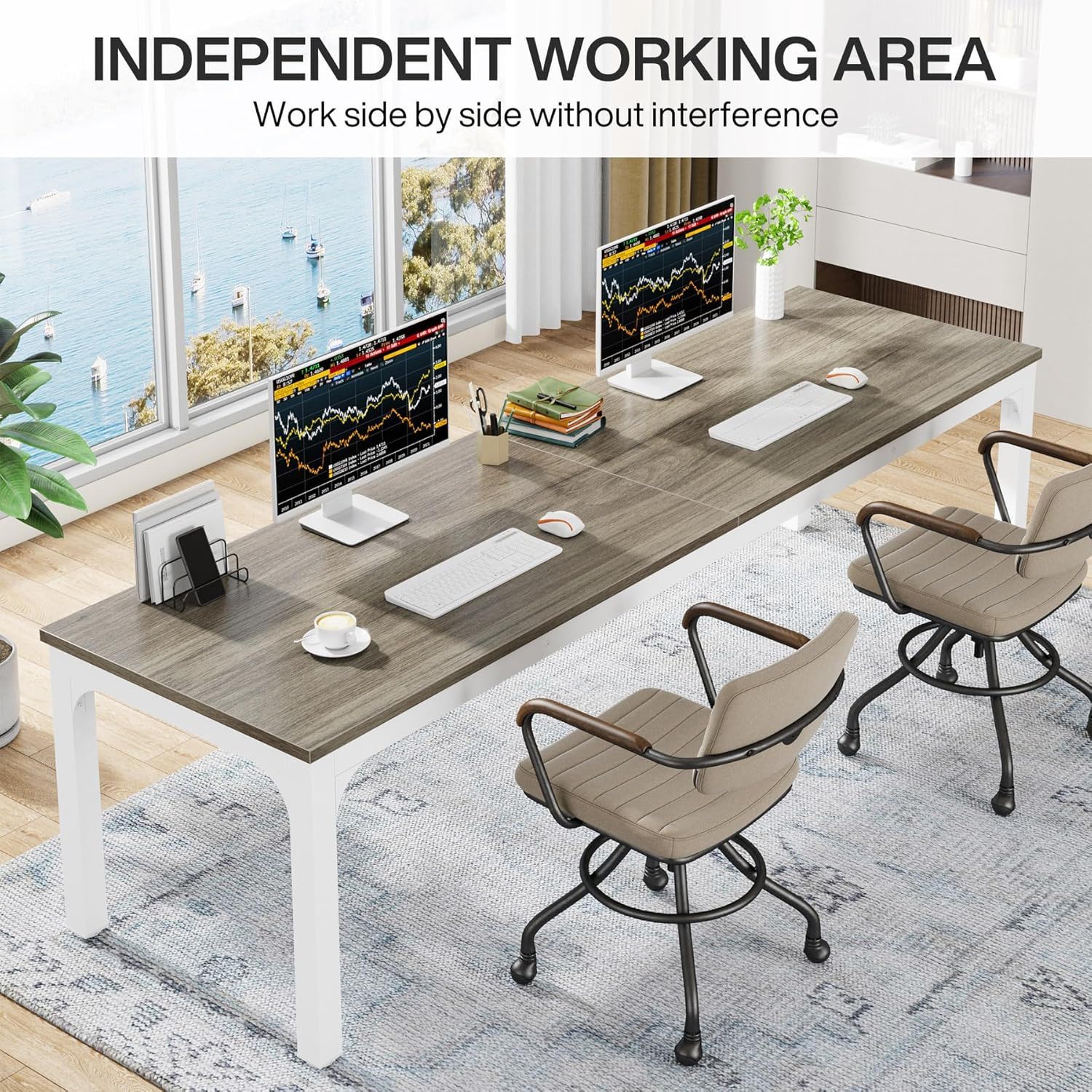 Extra Long 2 Person Computer Desk With, Collaborative Workstation For Home Office - White / Oak