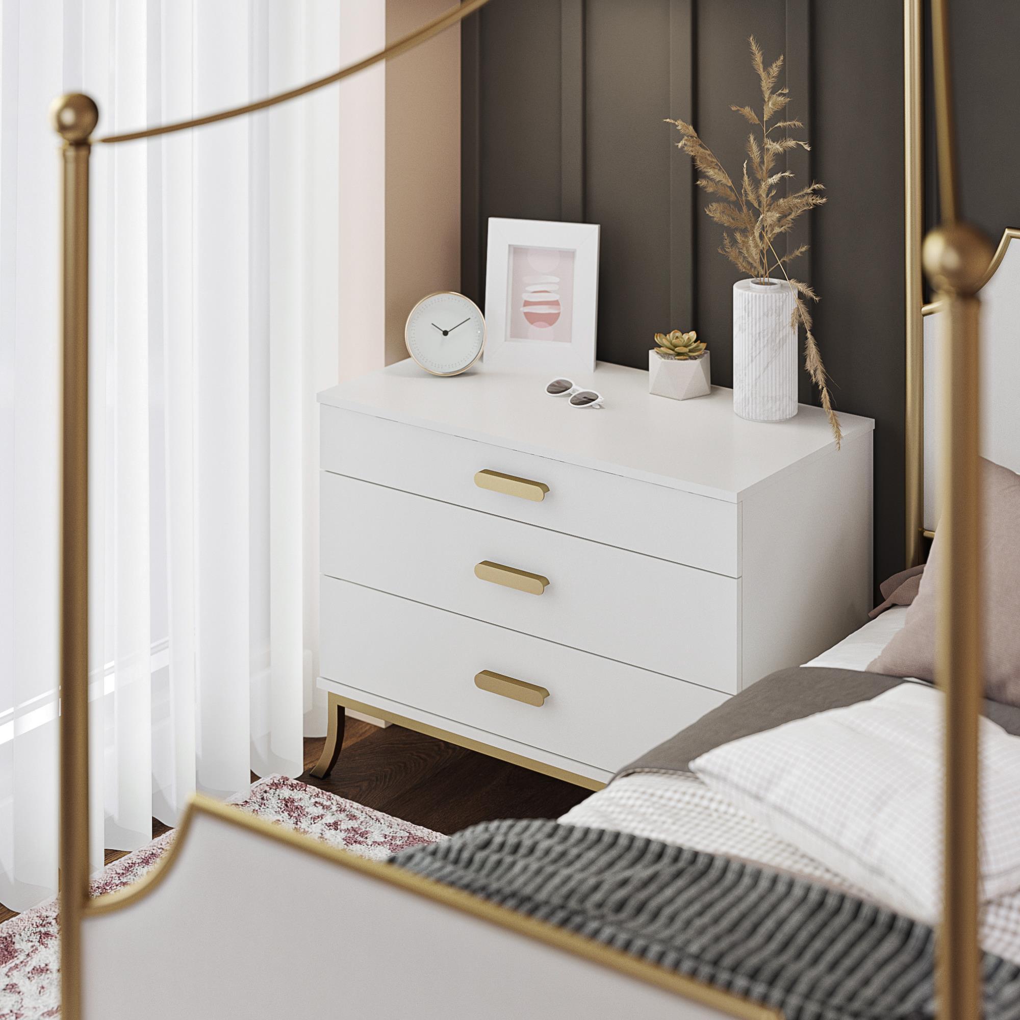 3 Drawer Dresser With Oval Handles - White / Gold