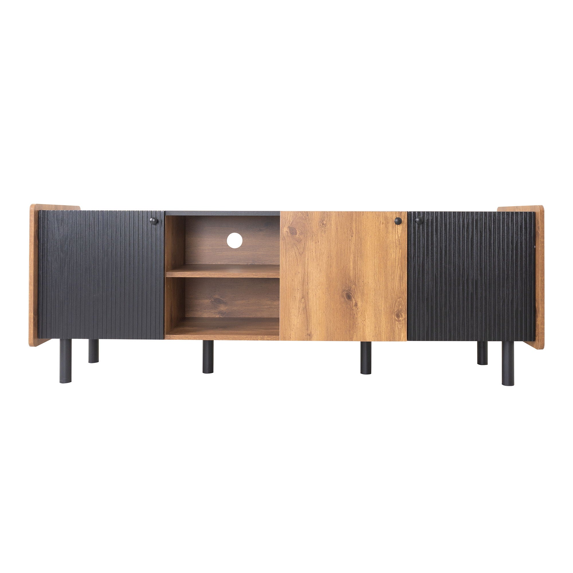 Mid Century TV Stand With 3 Cabinets, Media Console Table For Tvs Up To 70'', Entertainment Center With Storage For Living Room - Black / Brown