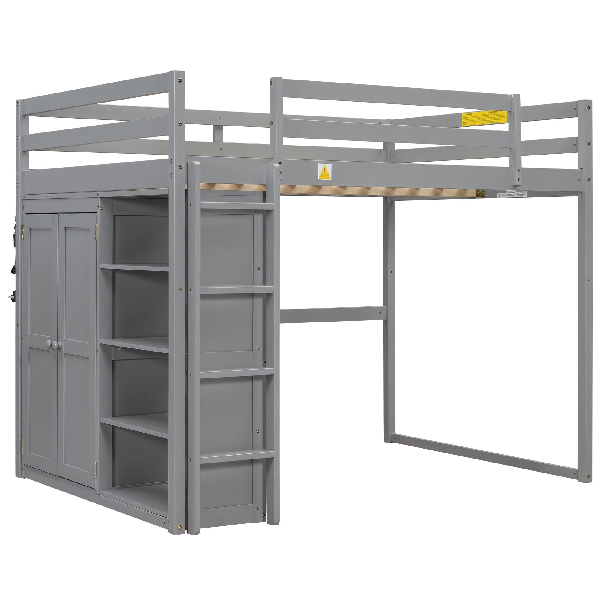 Loft Bed With Built In Wardrobe, Storage Shelves, And LED Light
