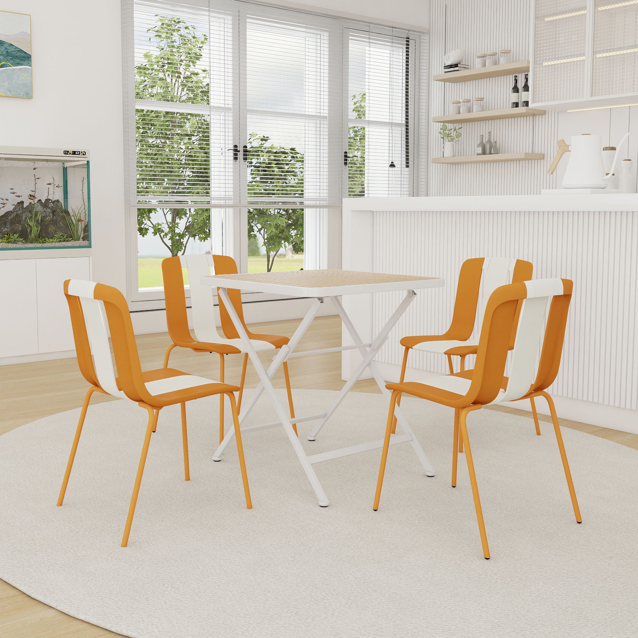 4 Piece Set Of Modern Striped Single Chairs With Folding Square Table