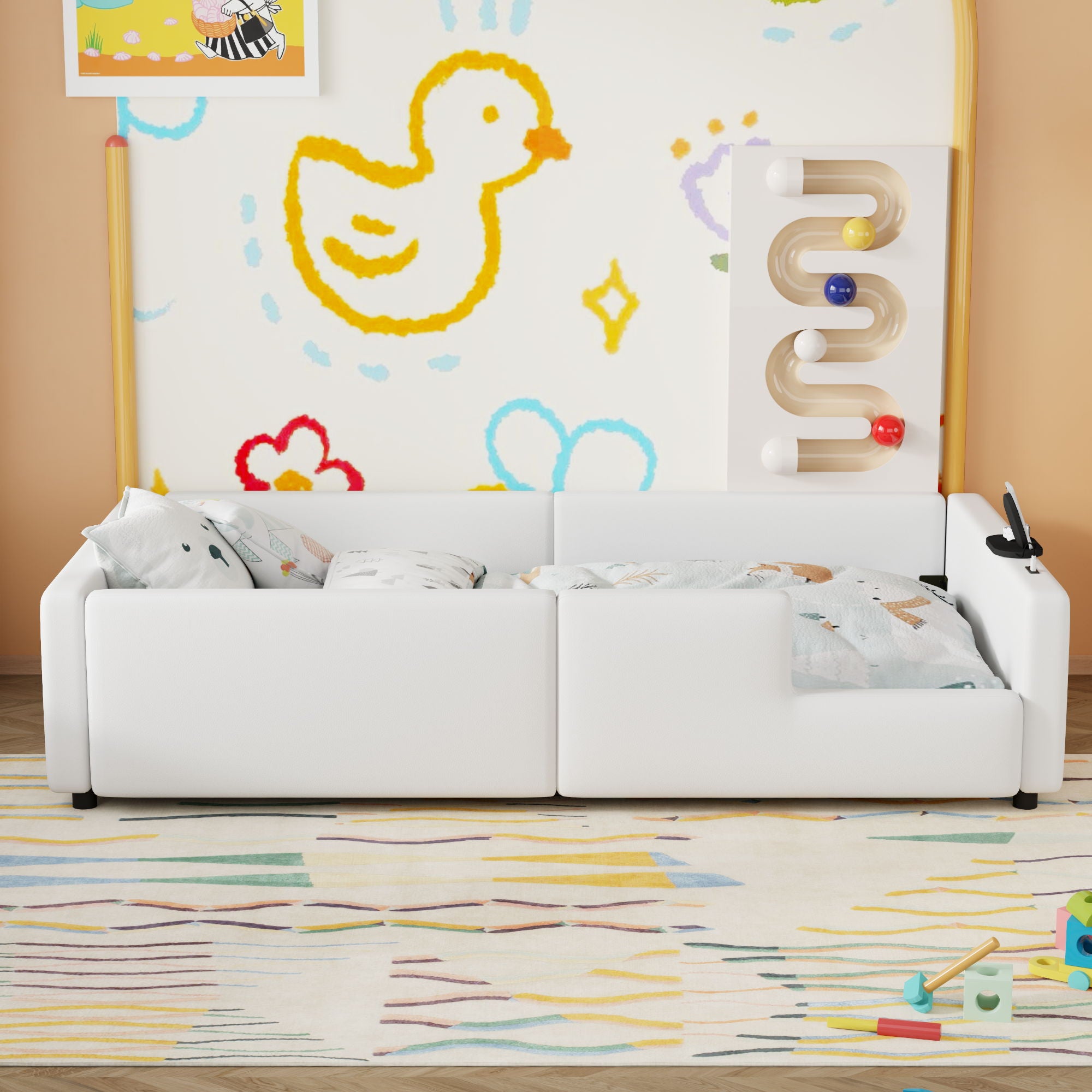 Twin Size Upholstered Platform Bed With Guardrail And Charging Station - White